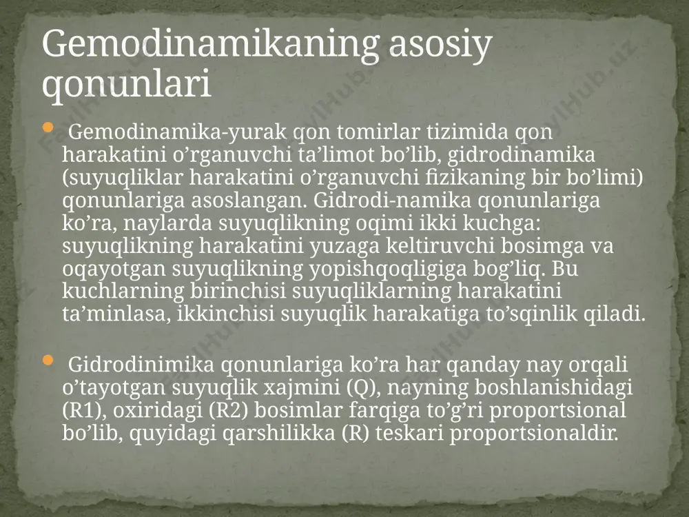rida esa 2—3 ml/s ga tengdir (tinch turilganda). bu mazkur organdagi tomirlar tarmog'ining nechog'li rivojlanganligiga bog'liq. organda tomirlar nechog'li ko'p bo'lsa, uning massasi birligiga to'g'ri keladigan qon oqimi shuncha tezroq bo'ladi. ishlab turgan organda qon oqimi tezlashadi, chunki tomirlar kengayib, ularda qarshilik kamayadi. qon oqishining hajmiy tezligi chiziqli tezlik, ya‘ni qon zarrasining vaqt birligi ichida bosib o'tadigan yo'li tomirlar sistemasining turli bolimlarida turlichadir. qon ham, xuddi har qanday suyuqlik, masalan, daryodagi suv kabi, tomirlaming umumiy yo'li yoki daryo o'zani hammadan tor bo'lgan joyda tezroq oqadi. tomirlar yo‗li kengayib boigan sayin qon oqimining chiziqli tezligi pasayib boradi. qon tomirlar sistemasida o'zanning eng tor joyi aortadir. shuning uchun bu yerda qon boshqa tomirlardagidan ko‗ra tezroq oqadi. aortadagi qon oqimining tezligi o‗rtacha 0,5 m/s, shu bilan birga sistola vaqtida u hammadan katta — 1 m/s gacha borsa, diastola oxirida deyarli nolga qadar pasayadi. arteriyalarda tezlik kamayadi va o'rtacha 0,25 m/s ni tashkil etadi. …