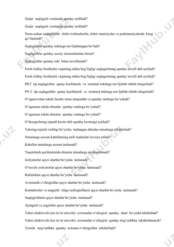 adi? erish (ishlay boshlash) vaqtining tokka bogʻliqligi saqlagichning qanday tavsifi deb aytiladi? erish (ishlay boshlash) vaqtining tokka bogʻliqligi saqlagichning qanday tavsifi deb aytiladi? pkt tip saqlagichlar qanay kuchlanish va nominal toklarga moʻljallab ishlab chiqariladi? pn-2 tip saqlagichlar qanay kuchlanish va nominal toklarga moʻljallab ishlab chiqariladi? oʻzgaruvchan tokda fazalar nima maqsadda va qanday ranlarga boʻyaladi? oʻzgarmas tokda shinalar qanday ranlarga boʻyaladi? oʻzgarmas tokda shinalar qanday ranlarga boʻyaladi? oʻtkazgichning tejamli kesim deb qanday kesimiga aytiladi? tokning tejamli zichligi boʻyicha tanlangan shinalar nimalarga tekshiriladi? nimalarga asosan kabellarning turli markalari tavsiya etiladi? kabellar nimalarga asosan tanlanadi? taqsimlash qurilmalarida shinalar nimalarga maxkamlanadi? izolyatorlar qaysi shartlar boʻyicha tanlanadi? oʻtuvchi izolyatorlar qaysi shartlar boʻyicha tanlanadi? rubilniklar qaysi shartlar boʻyicha tanlanadi? avtomatik oʻchirgichlar qaysi shartlar boʻyicha tanlanadi? kontaktorlar va magnitli ishga tushirgichlarni qaysi shartlar boʻyicha tanlanadi? saqlagichlarni qaysi shartlar boʻyicha tanlanadi? ajratgich va uzgichlar qaysi shartlar boʻyicha tanlanadi? tokni cheklovchi (tez ta’sir etuvchi) avtomatlar oʻchirgich qanday shart bo‘yicha …