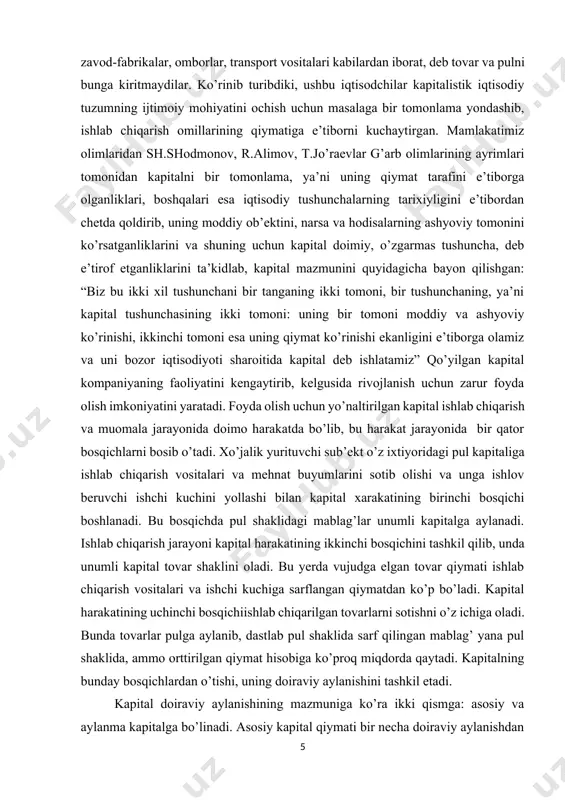 ir necha yillar mobaynida ishtirok etishi munosabati bilan ularning qiymati yaratilgan tovarlarga asta-sekin qismlab o’tkazilib boriladi. bu yerda ishlab chiqarish jarayonida daromad olishga sababchi bo’lgan asosiy kapital bir hisobot davriga to’g’ri keladigan xarajatlar sifatida asta-sekinlik bilan uzoq yillar davomida mahsulot (tovar) qiymatiga o’tkazib boriladi. aylanma kapital esa ushbu hisobot davriga tegishli bo’lgan daromadning asosini tashkil qilgan bo’lib, o’z qiymatini mahsulot qiymatiga to’lig’icha o’tkazadi. ishlab chiqarish jarayonida harakat qilish xususiyatiga ko’ra asosiy kapital buyum jihatdan mahsulot tarkibiga kirmaydi, balki uzoq davr mobaynida o’zining natural-buyum shaklini saqlab qoladi. aylanma kapital esa o’zining natural-buyum shaklini to’lig’icha mahsulot tarkibiga o’tkazadi. qiymatni qayta tiklash usuliga ko’ra asosiy kapitalning ishlab chiqa-rishdan olingan daromadga o’tkazilgan qiymati bir necha doiraviy aylanish-lar davomida qatnashadi va amortizatsiyalanadi, pul shaklidan yangi asosiy kapital shakliga aylanadi. aylanma kapital esa har bir doiraviy aylanishdan so’ng ashyoviy buyum sifatida qayta tiklanadi. hozirgi kunda iqtisodchi olimlar o’rtasida munozaraga sabab bo’layot-gan masalalardan biri - bu kapitalni …