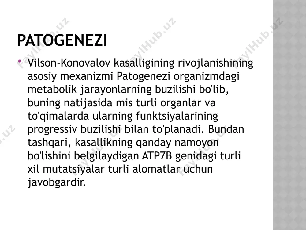 rofiyasiga xos bo'lgan buzilishlar to'satdan falaj (piramidal parez), konvulsiv (epileptiform) tutilishlar va og'ir aqliy yetishmovchilik bilan yanada murakkablashadi. 6-8 yil davom etadi, o'lim bilan tugaydi. kasallik kechishini ikkita bosqichga bo'lish mumkin: yashirin - kasallikning tashqi ko'rinishlarining yo'qligi bilan tavsiflanadi, xarakterli o'zgarishlar faqat laboratoriya tadqiqotida aniqlanadi; klinik belgilar bosqichi - gepato-serebral degeneratsiyasining o'ziga xos belgilari paydo bo'ladi. diagnostikasi tashxis klinik belgilar, laboratoriya ma'lumotlari va molekulyar genetik testlarning kombinatsiyasiga asoslanadi. patogen atf7b genini molekulyar genetik darajada aniqlashdan tashqari hech diagnostikasi qanday laboratoriya tekshiruvi kasallik tashxisining 100% kafolatini ta'minlamaydi. vilson – konovalov kasalligining asosiy diagnostik ko'rsatkichlari: seruloplazmin miqdorini 50% kamayishi. bu hol normal bo'lishi ham mumkin. boshqa ma`lumotlarga ko'ra - 20 mg / dl dan kamayishi. bir qator sabablarga ko'ra (menkes kasalligi, jigar etishmovchiligi, nefrotik sindrom, uzoq muddatli parenteral oziqlanish va boshqalar)da tahlil natijalari xato bo`lishi mumkin. . misning kunlik siydik bilan chiqarilishi: >100 mkg/kun yoki bolalarda >40 mkg/kun. lekin kasallik simptomsiz kechayotgan …