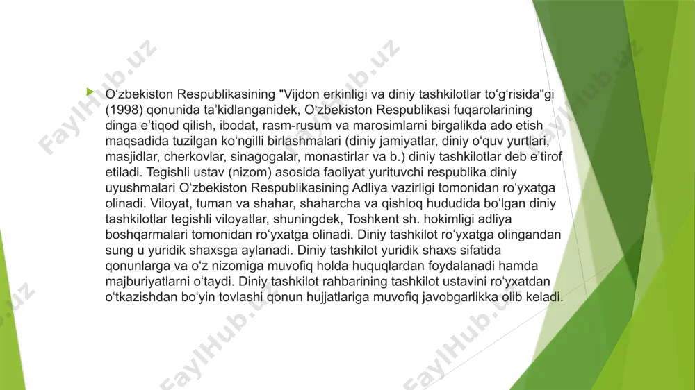 n erkinligi va diniy tashkilotlar to'gisidagi” qonuni yoki boshqa qonun hujjatlariga rioya qilinmaganda to'xtatiladi. diniy tashkilot faoliyatini to'xtatish haqidagi qaror o'zbekistan respublikasi adliya vazirligi, qoraqalpog'iston respublikasi adliya vazirligi, viloyatlar va toshkent shahar hokimligining adliya boshqarmalari tomonidan qabul qilinadi. diniy tashkilotlar qabul qilingan qaror ustidan sudga shikoyat qilish huquqiga ega, shikoyat fuqarolik ishlarini yurituvchi sud tomonidan ko'rib chiqiladi. diniy tashkilotlar tasarrufida binolar (masjidlar, cherkovlar, sinagogalar, kirxalar, monastirlar, ibodatxonalar va boshqa inshootlar), korxonalari (bosmaxonalar, fermalar, badiiy-tikuv tsexlari va hakazolar), ijtimoiy va xayriya ob'ektlari (etimxonalar, qariyalar uylari va hakazolar), diniy anjomlar (diniy kitoblar, ikonalar, shamlar va hakazolar), ular faoliyatini ta'minlash uchun zarur transport vositalari, pul va boshqa mulklar bo'lishi mumkin. diniy tashkilotlarning mulkiy huquqi qonun tomonidan himoya qilinadi. diniy tashkilotlar faoliyati ikki holda: oliy majlis qonunchilik palatasi spikerining o‘rinbosari akmal saidov yangi tahrirda qabul qilingan “vijdon erkinligi va diniy tashkilotlar to‘g‘risida”gi qonunga nisbatan xalqaro tashkilotlarning tanqidlariga javob berdi. “men aytdim: “kechirasiz, aqsh kongressi …