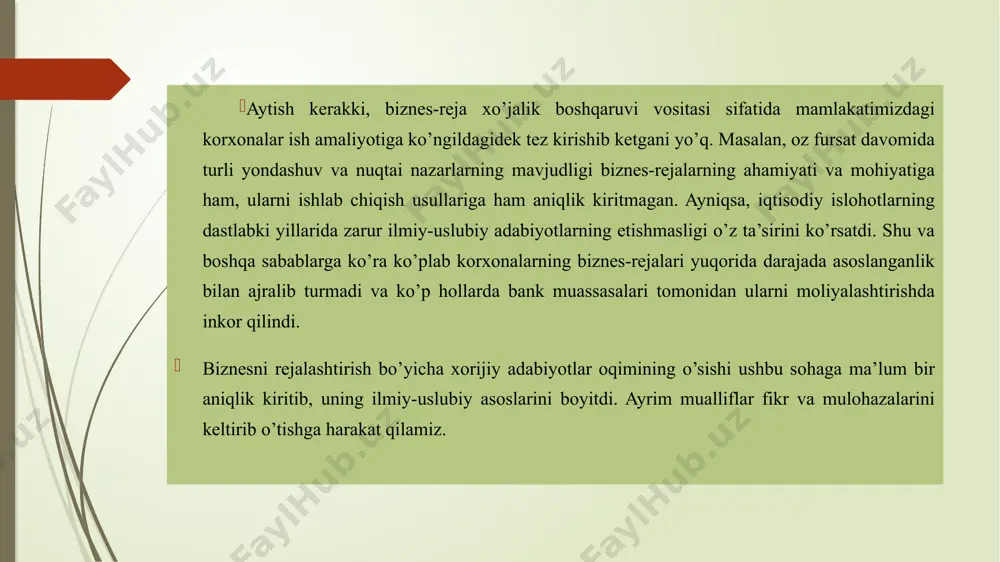 ordamida tadbirkorlik faoliyati jarayonida firma xodimlari xatti-harakatlariga (hulqiga) bo’lgan eng yuqori talablarga amal qilishga imkon yaratadi. korxonaning bozordagi hamkorlariga nisbatan amal qilishi lozim bo’lgan ma’naviy qadriyatlari qatoriga quyidagilarni kiritish mumkin: aldashdan voz kechish, halollik, hamkorlikdagi ishda ishonch, innovatsion g’oyalar sohibining tadbirkorlik manfatiga hurmat. maqsadlarning mazmuni va shakliga qo’yiladigan talablar ma’lumki maqsadlar doimo ma’lum bir cheklanishlar asosida amalga oshiriladi. ular korxona ichidagi va tashqaridan qo’yiladigan cheklanishlar (chegaralanishlar) bo’lishi mumkin. tashqi cheklanishlar qatoriga qonun me’yorlari, inflyatsiya, raqobatchilar, iqtisodiy ustuvorlikni o’zgarishi, aholi daromadlarini o’zgarishi, qarzdorlarning moliyaviy holati va boshqalar kiritilishi mumkin. ichki cheklanishlarga esa firma tamoyillari, xarajatlar darajasi, ishlab chiqarish quvvatlari, marketing va boshqaruvning holati, turli darajadagi nomuvofiqliklar va boshqalar kiradi. shuning uchun korxona missiyasi, maqsadi va vazifalarini ishlab chiqish jarayonida uning faoliyatiga ta’sir qiluvchi ko’p sonli omillarni baholash zaruriyati tug’iladi.biznes-rejani ishlab chiqishning uchinchi bosqichida biznes-rejaning tuzilmasi belgilab olinadi. biznes-rejaning har bir bo’limi o’z mazmuniga, ko’rsatkichlar tizimi va ularni hisob-kitob qilish usullariga ega …