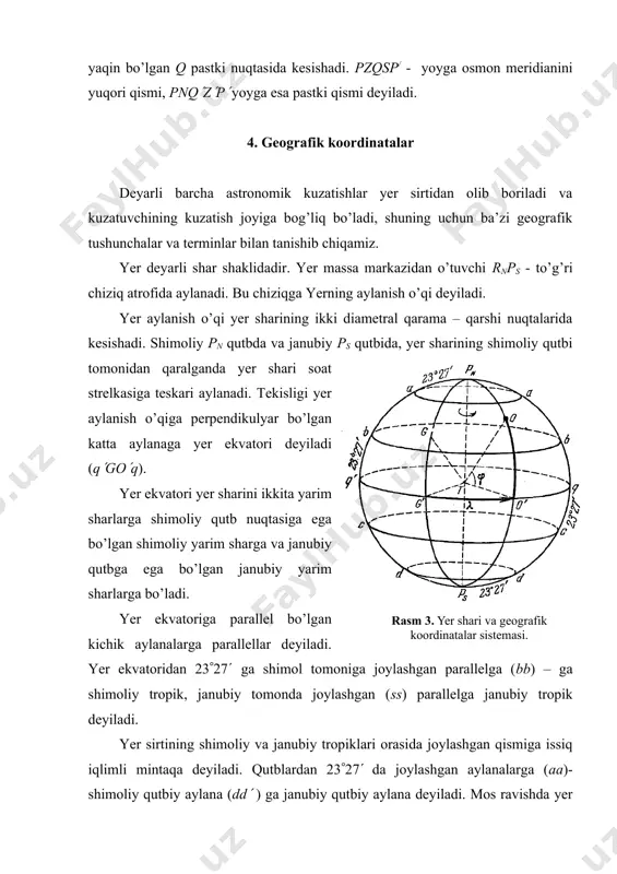 ani meridiani hosil qiladi. - ni bosh meridiandan boshlab sharq tomonga hisoblash qabul qilingan. yer shari aylanishi yo’nalishi bo’ylab 0( embed equation.3 embed equation.3 360( - gacha yoki vaqt birligida 0h dan 24h gacha o’zgaradi. geograflar uzunlamani 0( dan +180( gacha sharqiy tomonga sharqiy uzunlama, 0( dan – 180( gacha g’arb tomonga hisoblashga odatlanganlar. ko’p masalalarni yechishda yer sharini radiusi r=6370 km bo’lgan birjinsli shar deb olish mumkin. bu holda vertikal chiziq yoki shokul chiziqni yo’nalishi yer markaziga qarab yo’nalgan bo’lib, yerning ekvatorini radiusi geografik meridianlar radiusiga teng bo’ladi va faqatgina shu vaqtda geografik kenglama yer ekvatoridan boshlab, geografik uzunlama esa bosh meridiandan boshlab hisoblanadi. aslida yer shari sfera shaklida emas balki sferoid shaklida bo’lib unda massa bir jinsli taqsimlangandir. bu holda osma chiziq yer sirtining hamma nuqtalari uchun ham yer markazidan o’tmay, balki yer ekvatorini biror boshqa nuqtasi t1-dan kesib o’tadi. o nuqta atrofida massa bir tekis taqsimlanmaganligi uchun …