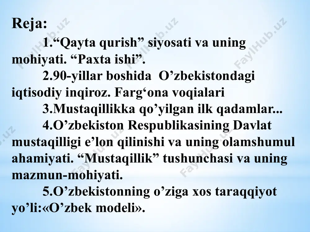 vchi omil ham bo‘ldi. qatag'onlik davrining uch bosqichi: 1 bosqich 1920-1930 yillar 2 bosqich 1940-1950 yillar 3 bosqich 1980 yillar 70-80 yillarda qishloq xo’jaligi qishloq xo'jaligida paxta maydonlarini kengaytirishga zo'r berildi. qo'riq va bo'z yerlarning o'zlashtirilishi natijasida zafar-obod, zarbdor, yangier, mirza-cho'l kabi tumanlar paydo bo'ldi. orol fojeasining kelib chiqishi paxta uakkahokimligiga zo'r berilishi natijasida, suvning betartib ishlatilishi oqibatida orol fojeasi kelib chiqdi. sovetlarning byurokratik siyosati oqibatida paxtaga ko'p dori sepilishidan aholi salomatligi susayib ketdi. orol dengizining qurib borishi orol dengizida paydo bo’lgan tuz konlari qatag'onlikning uchinchi bosqichi: 80 – yillarda qatag'onlikning uangi to'lqini boshlanib, bu davrda “paxta ishi” va “o'zbeklar ishi” nomi ostida bir qancha davlat arboblari qatag'on qilindi. bu 80-yillardagi sovetlar hukumatining yana bir navbatdagi nayrangi bo'lib, «o’zbek ishi», «paxta ishi», «qo'shib yozish» kabi mustamlakachilar tomoni-dan kiritilgan yangi so'zlar bilan bog'liq. bir so‘z bilan aytganda, “paxta ishi” 30 va 50-yillardagi qatag'onlikning mantiqiy davomidir. “paxta ishi”… “paxta ishi”, “o‘zbeklar ishi”ning …