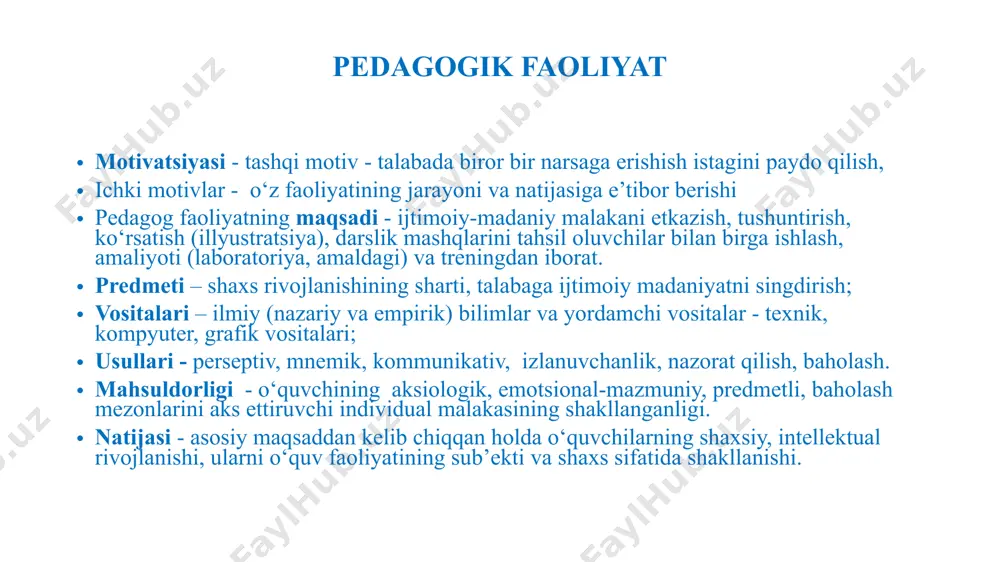 i bilishi; - ota-onalar va jamoatchilik bilan olib boriladigan tarbiyaviy ishlarning mazmunini bilishi; o‘z kasbiga xos hislatlari: - o‘qituvchining kuzatuvchanligi; - o‘z diqqat-e’tiborini taqsimlay olishi; - pedagogik fantaziya (hayol)ning rivojlanishi; - o‘ziga tanqidiy munosabatda bo‘lishi; - o‘zini qo‘lga ola bilishi, o‘zini tuta olishi; - pedagogik takt; - nutqning emotsional ifodalanishi; shaxsiy pedagogik uddaburonligi: - dars mashg‘ulotlari uchun zarur materiallarni tanlay bilishi; - o‘quvchilarning bilish faoliyatini boshqara olishi; - ta’lim va tarbiya jarayonida o‘quvchilarning bilimi o‘sishini istiqbolli ravishda rejalashtira olishi; - pedagogik vazifalarni shakllantirish va tarbiyaviy ishlarni rejalashtira olish; - bolalar jamoasiga rahbarlik qilishda o‘z faoliyatini rejalashtirishni bilishi; - o‘quv maqsadlarini rejalashtira olishi; - o‘zining ta’lim-tarbiya ishlariga tayyorlanish tizimini rejalashtira olishi; tashkilotchilik malakalari - bolalar jamoasini uyushtira bilishi; - turli sharoitlarda bolalar jamoasini boshqara olishi; - bolalarni nimalar bilandir qiziqtirib, ularni faollashtira olishi; - amaliy masalalarni hal etishda o‘zining bilim va tajribalarini ustalik bilan tez qo‘llay olishi; 6) kommunikativ malakalari: - …