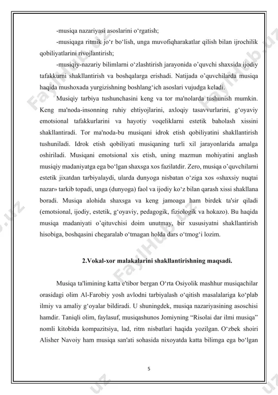 iapazonini kengaytirish, shuningdek qo’shiq kuylash malakalarini rivojlantirish. vokal-xor malakalari oddiydan-murakkabga prinsipi asosida qo’shiq kuylashga asta-sekin tayyorlab boriladi: 1. eng oddiy mashqlarni ham solfedjio qilib kuylash lozim, chunki notalar nomi yordamida tovush balandligi o’quvchilar xotirasida saklanib koladi. 2. vokal-xor mashqlari har doim o‘rta tovush sol yoki ishchi diapazondagi tovushlar mi, fa, soldan boshlash maqsadga muvofiq, chunki past yoki baland tovushlarda o’quvchilar sof intonatsiyada kuylay olmaydilar. 3. mashqlarni ko‘rgazmali vositalar (plakatlar, doskadagi yozuvlar, kartochkalar, rasmlar) yordamida olib borish hamda o’qituvchi tomonidan ijro yetib berilishi o’quvchilarning diqqat, xotira va eshitish qobiliyatini yanada o‘stiradi. 4. o’quvchilarda asta-sekin ikki ovozda kuylash malakalarini rivojlantirib boriladi. bu ularning garmonik eshitish qobiliyatini, lad-tonal sezgisini shakllantiradi. 5. vokal-xor mashqlarini olib borish jarayonida har xil didaktik o‘yinlardan, rebus, topishmoq (tushirib qoldirilgan notani topish)lardan foydalanish. bu kabi vokal-xor tamoyillarini qo’llash orqali o’quvchilarda sof unisonda uyg‘un va ravon kuylash malakalari shakllanadi. bunda quyidagi vokal-xor mashqlari qo’llaniladi: 1. sof unison xosil qilish mashqlari …