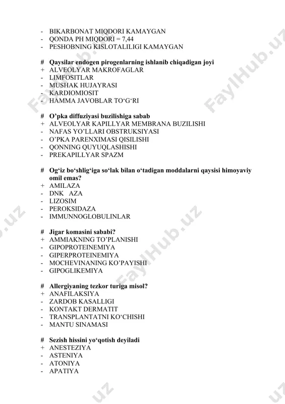 ketishlar mavjudligiga shikoyat qiladi. shuningdek, ko‘p qonli hayz ko‘rish bo‘lgan menorragiya . laborator ko‘rsatkichlari hb – 122g/l, gematokrit – 41,9%, trombotsitlar – 22,3/mm3 , leykotsitlar – 7720/mm3, protrombin vaqti – 13 sekund. bemorda gemorragik sindrom rivojlanishiga asosiy omil + antitrombositar antitelolar borligi - ivish omillari ishlab chiqarilishining susayishi - suyak ko‘migi aplaziyasi - c vitamini yetishmovchiligi - k vitamini yetishmovchiligi # puls bosimining kamayishi nimaga xos + aortal teshikning stenoziga - ikki tabaqali qopqoqlarning yetishmovchiligiga - uch tabaqali qopqoqlarning yetishmovchiligiga - aortal qopqoqlarning yetishmovchiligiga - mitral teshikning stenoziga # gipotireozning namoyon bo‘lishi + aqliy qobiliyatning kamayishi - vazn yo‘qotish - giperaktivlik - taxikardiya - harorat ko‘tarilishi # bemorda yurak ishi yetishmovchiligi qon ivishi oshgan va fibrinolitik faollik pasaygan. bemorda qanday asoratlar bo‘lmasligi mumkin? + arterial giperemiya - venoz giperemiya - tromboemboliya - ishemiya - emboliya # yurak qorinchalari surunkali zo‘riqishi qachon rivojlanadi + arterial gipertenziya, yurak nuqsonlari - o‘tkir qon …