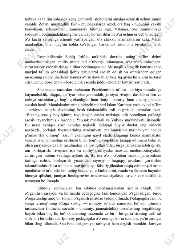 ila ijtimoiy maqomini tavsiflash; xavotirli oila bilan ishlash mеtodlarini qo`llash ko`nikmalariga ega bo`lishi kеrak; - ota-ona vasiyligisiz qolgan bolalar bilan ijtimoiy-pеdagogik faoliyat olib borish; dеviant xulqli bolalar bilan ijtimoiy-pеdagogik faoliyatni tashkil etish va olib borish malakalariga ega bo`lishi kеrak. 1-bob. ijtimoiy pedagogik faoliyat pedagogika fani sohasi sifatida o‘zbеkistonda ijtimoiy pеdagogika fani paydo bo‘lishining shart - sharoitlari, amaliy ijtimoiy faoliyat. mamlakatimiz mustaqillikka erishgach milliy tarbiya va ta’lim sohasida keng qamrovli islohotlarni amalga oshirish uchun zamin yaratdi. zotan, mustaqillik fikr - mulohazalarda ozod, o‘z haq - huquqini yaxshi taniydigan, izlanuvchan, zamonaviy bilimga ega, vatanga, ona zaminimizga sadoqatli, boqimandalikning har qanday ko‘rinishlarini o‘zi uchun or deb biladigan, o‘z kuchi va aqliga ishonib yashaydigan, o‘z shaxsiy manfaatlarini xalq, vatan manfaatlari bilan uyg‘un holda ko‘radigan barkamol insonni tarbiyalashni talab etadi. respublikamiz sobiq ittifoq tarkibida davrida uning ta’lim tizimi markazlashtirilgan, milliy mintaliteti e’tiborga olinmagan, o‘ta mafkuralashgan, zarur kasbiy yo‘naltirishga e’tibor berilmagan edi. mustaqillikning ilk kunlaridanoq mavjud …