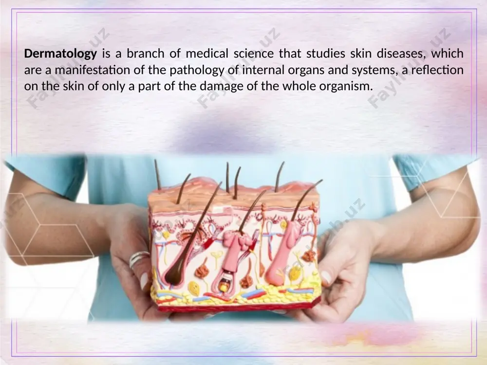 edominantly exposed areas of the skin and internal organs. leprosy leprosy (synonyms: leprosy, hansen's disease) is a chronic disease that usually affects the skin, mucous membranes of the upper respiratory tract and peripheral nervous system. currently, leprosy is most common in africa, asia and south america. in russia sporadic cases of the disease are noted. eczema chronic, persistently relapsing skin disease, manifested by a characteristic eczematous inflammatory skin reaction (in the form of grouped small vesicles), caused by various exogenous and endogenous factors that lead to development in patients with polyvalent skin sensitivity. psoriasis psoriasis, or squamous lice, is one of the most common chronic dermatoses, characterized by hyperproliferation of epidermal cells, a violation of keratinization, inflammation in the dermis. image2.png image3.jpeg image4.jpeg image5.jpeg image6.jpeg image7.jpeg image8.jpeg image9.jpeg image10.jpeg image11.jpeg image12.jpeg image13.jpeg image14.jpeg image15.jpeg image16.jpeg image17.jpeg image18.jpeg image19.jpeg image20.jpeg image21.jpeg image22.jpeg image1.png /docprops/thumbnail.jpeg