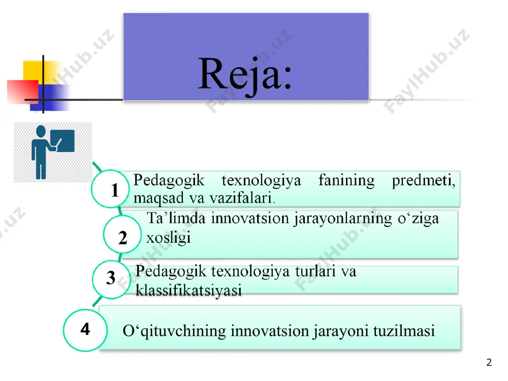 ha, ularning optimallik va samaradorlik darajasini baholashgacha loyihalashtirishdan tarkib topadi pedagogik texnologiyaning predmeti: pedagogik texnologiyaning obyekti deganda pedagogik jarayonni qurish strukturasi va mantig`i, uni pedagogik maqsadlarni muayyan tamoyil va shartlarga muvofiq amalga oshirish uchun tashkil etish yo`llari tushuniladi. ta’lim texnologiyalari elementlari ‹#› ta’lim mazmuni foydalanadigan adabiyotlar 1. azizxo‘jayeva n. pedagogik texnologiya va pedagogik maxorat. t.: 2008. o‘quv qo‘llanma. 2.azizxodjaeva n.n. pedagogicheskie texnologii i pedagogicheskoe masterstvo. uchebnoe posobie. t.:chulpan 2005 3.o’.tolipov. d. ro’ziyeva : “pedagogik texnologiyalar va pedagogik mahorat” .toshkent. “innovatsiya-ziyo” ‹#› 4.r.ishmuxamedov, m.mirsalieyva: “o’quv jarayonida innavatsion ta’lim texnologiyalari”.toshkent -2014. 5.shayusupova a.a., xaydarova r.a. pedagogicheskie texnologii. t.:tguv 2021. 6.xaydarova r.a. umumiy pedagogika. o‘quv qo‘llanma.tdshu 2021 7. voinova m.g. pedagogicheskie texnologii i pedagogicheskoe masterstvo. uchebnik. t., 2006 ‹#› foydalanadigan adabiyotlar e’tiboringiz uchun rahmat! image2.jpg image3.png image4.png image5.png image6.jpg image7.jpg image8.jpg image9.png image10.png image11.png image12.png image13.png image14.png image15.png image16.jpg image1.jpg