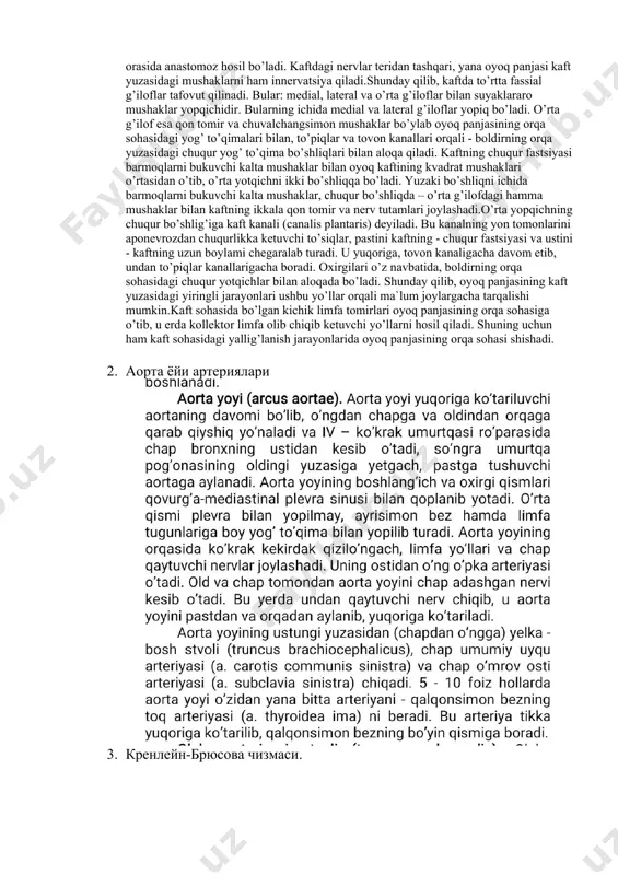 oshlanadigan chuvalchangsimon mushak (m. lumbricales)lap o’tadi. bularning hammasidan chuqurlikda bosh barmoqni uzoqlashtiruvchi (m. abdector hallucis) mushak bilan kichik boldir uzun mushagi qiyshiq va ko’ndalang boshchalarining (caput obliquum et caput transversum) paylari yotadi.keyinchalik bu pay, kaftning uzun boylami (lig. plantare longum)ning ichidan o’tib, kaft sohasini qiyshiq holda kesib o’tadi va medial ponasimon hamda i panja suyaklariga birikadi.panja kaftining suyaklararo mushaklari (mm. interossei plantaris) suyaklararo fastsiyalar yordamida alohida yotqichda yotadi. oyoq panjasining kaft yuzasidan qon tomir va nerv tutamlari o’tadigan ikkita egatchalar mavjud. bularning ichki tomonidagi medial egatcha (sulcus plantaris medialis) deyilib, u barmoqlarni bukuvchi kalta mushaklar bilan bosh barmoq mushaklari orasida hosil bo’ladi. tashqi egatcha - lateral egat (sulcus plantaris lateralis) deyilib, barmoqlarni bukuvchi kalta mushaklar bilan jimjiloq mushaklari orasida hosil bo’ladi.to’piq kanallaridan chiqqan kaft qon tomirlari va nervlari kaftga tovon suyagi bilan bosh barmoqni uzoqlashtiruvchi mushak orasidan o’tib keladi. bu oraliqqa - tovon kanali deyiladi. bu erdan kaftning medial qon …