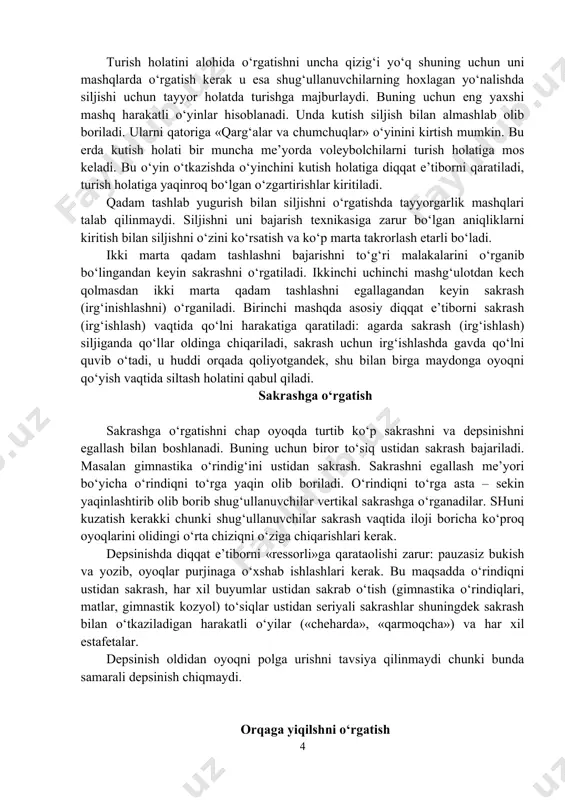 an oyoqni polga urishni tavsiya qilinmaydi chunki bunda samarali depsinish chiqmaydi. orqaga yiqilshni o‘rgatish orqaga yiqilishni o‘rgatishda asosiy diqqatni to‘g‘ri qo‘nishga qaratmoq kerak ya’ni dumalashni bajarishga. o‘rgatish orqaga dumalab yiqilish bilan o‘rgatiladi. birinchi mashq muhofaza qilish va sherigini faol yordamida bajariladi. mashqni bajarish uchun ko‘proq mos keladigan juft – juft bo‘lib saflanish hisoblaniladi: biri mashqni bajaradi, ikkinchisi esa unga yordam beradi va muhofazasini ta’minlaydi. muhofaza qiluvchi sherigini qo‘lidan ushlab turadi va yiqilayotganda ushlab turadi, uni yon tomonidan o‘tadi. so‘ngra mashq mustaqil bajariladi dastlab turgan holatdan, keyin esa oldingi harakatdan keyin. muhofaza qiluvchi boshni polga tegishi mumkin bo‘lgan joyga kaftini qo‘yadi. shu bilan birga yiqilishdan keyin shug‘ullanuvchini bir vaqtni o‘zida tez turishga o‘rgatish kerak voleybol o‘yinida harakatlanish texnikasini o‘rgatishi uchun na’munaviy mashqlar 1. 2. 3. 4. 5. 6. 7. 8. 3. o‘yindagi texnik usullarni to‘pni oʻyinga kiritish, toʻpni uzatish va qabul qilish, to‘pga zarba berish va to‘pga toʻsiq qoʻyish texnikasini oʻrgatish. …