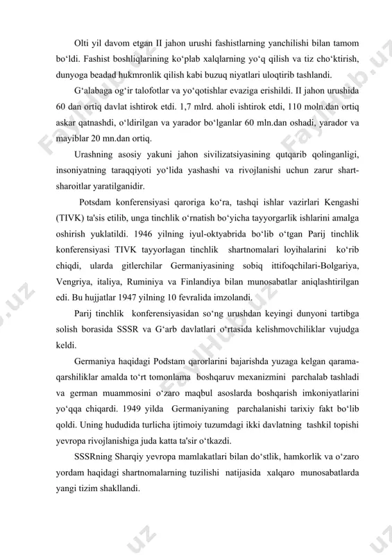 kazdi. sssrning sharqiy yevropa mamlakatlari bilan do‘stlik, hamkorlik va o‘zaro yordam haqidagi shartnomalarning tuzilishi natijasida xalqaro munosabatlarda yangi tizim shakllandi. amerikaning fulton shahrida u. cherchilning prezident girumen ishtirokida so‘zlagan nutqi (1946 y, mart) sovet ittifoqi va uning do‘stlari tomonidan «sovuq urush»ning ochiq e'lon qilinishi kabi qabul etildi. aqshning atom quroliga vaqtinchalik egalik qilishi 1947 yil martida «girumen doktrinasi»ning olg‘a surilishi, «marshal rejasi»ning amalga oshirilishi sssr va uning ittifoqchilari tomonidan aqsh ning yordam ko‘rsatish bayrog‘i ostida yevropa davlatlarining ichki ishlariga aralashuvi, bir guruh davlatlarning ikkinchisiga qarshi qo‘yishga harakati deya baholandi. xalqaro vaziyat haqidagi taassurotlarning asosini 1947 yil sentyabrda a. n. jdanov tomonidan e'lon qilingan qisqa tezislar tashkil qilib, unda urushdan keyingi dunyoni ikki qarama-qarshi lagerga ajralgani-sotsialistikva imperialistik lager paydo bo‘lgani bayon qilingan edi. bunday munosabat turlicha ijtimoiy tuzumdagi davlatlar bilan aloqalarni ilgaridan belgilab berdi. g‘arb esa qurollanish strategiyasini qo‘lladi va sssr ni harbiy bazalar bilan o‘rab olish siyosatini yuritdi. «marshal rejasi»ni …