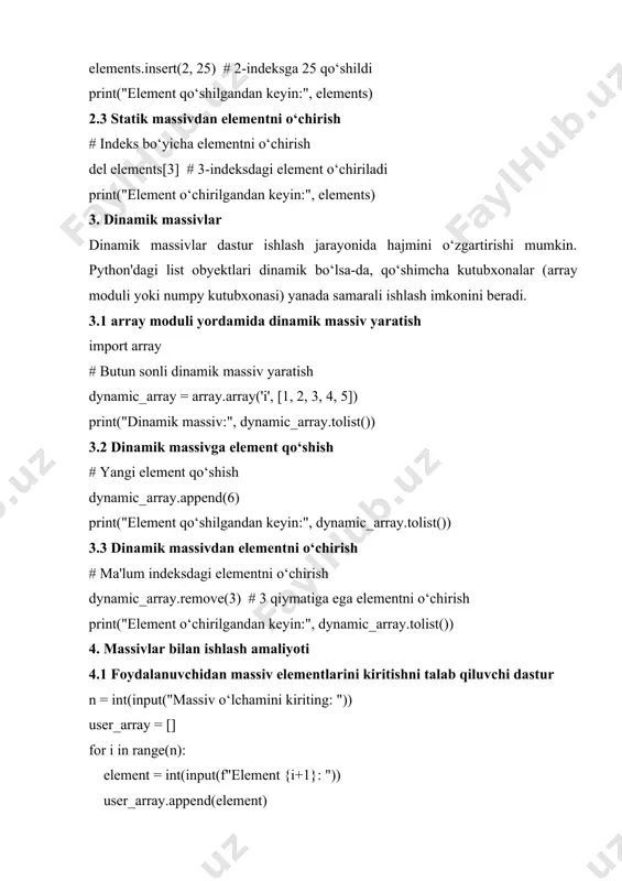 assiv yaratish import array # butun sonli dinamik massiv yaratish dynamic_array = array.array('i', [1, 2, 3, 4, 5]) print("dinamik massiv:", dynamic_array.tolist()) 3.2 dinamik massivga element qo‘shish # yangi element qo‘shish dynamic_array.append(6) print("element qo‘shilgandan keyin:", dynamic_array.tolist()) 3.3 dinamik massivdan elementni o‘chirish # ma'lum indeksdagi elementni o‘chirish dynamic_array.remove(3) # 3 qiymatiga ega elementni o‘chirish print("element o‘chirilgandan keyin:", dynamic_array.tolist()) 4. massivlar bilan ishlash amaliyoti 4.1 foydalanuvchidan massiv elementlarini kiritishni talab qiluvchi dastur n = int(input("massiv o‘lchamini kiriting: ")) user_array = [] for i in range(n): element = int(input(f"element {i+1}: ")) user_array.append(element) print("foydalanuvchi kiritgan massiv:", user_array) 4.2 eng katta va eng kichik elementni topish print("eng katta element:", max(user_array)) print("eng kichik element:", min(user_array)) 4.3 massiv elementlarini saralash user_array.sort() print("saralangan massiv:", user_array) 5. xulosa ushbu amaliyot davomida statik va dinamik massivlarning asosiy xususiyatlari bilan tanishdik. python tilida ro‘yxatlar (list) ham statik, ham dinamik massiv vazifasini bajarishi mumkin bo‘lsa-da, samaradorlik uchun array yoki numpy kutubxonalari ishlatilishi mumkin. …
