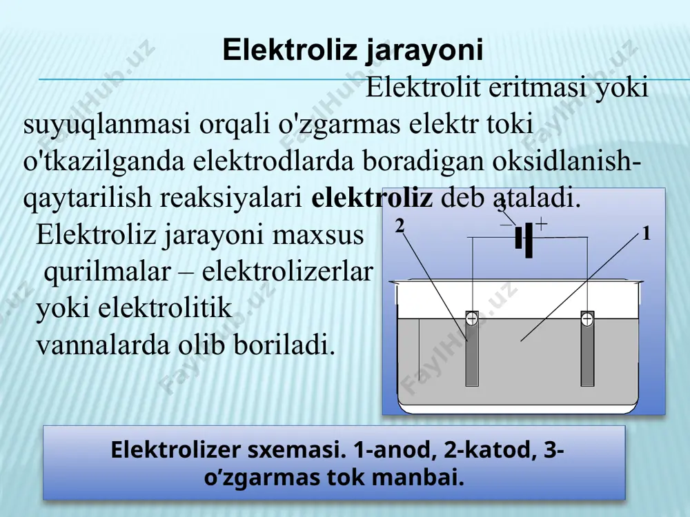 -ph ekanligini hisobga olsak, eo-0,059*ph bo'ladi. tuzlarning neytral eritmalari uchun ph7 ga tengligi uchun, eo-0,059*7-0,41v bo'ladi. agar elektrolit kationini hosil qiluvchi metallning elektrod potensiali – 0,41v dan kichik bo'lsa, katodda metall emas, balki vodorod ajraladi. agar metallning elektrod potensiali – 0,41v ga yaqin bo'lsa, katodda metall ham, vodorod ham birgalikda qaytariladi. kislotali eritmalardan vodorodni ajralib chiqishi vodorod ionlarining zaryadsizlanishi hisobiga boradi. neytral va ishqoriy eritmalarda suv molekulalari qaytariladi: masalan: nacl suvdagi eritmasini elektrolizi umumiy tarzda quyidagicha: katoddagi jarayonlar metallning kuchlanishlar qatoriga bog’liq. birinchi navbatda kuchlanishlar qatoridagi vodorod dan o’ngda joylahsgan kam aktiv metallar kationlari qatnashadi. o’rtacha aktivlikdagi metallarning kationlari, kuchlanishlar qatorida al va h2 oralig’ida turadiganlar suv molekulasi bilan birgalikda qaytariladilar va katodda bir vaqtning o’zida ham metall ham vodorod ajraladi. agar eritmada har xil kation bo’lsa, ularning e qiymati kamayishi tartibida qaytariladi. dastlab kam aktiv metallarning kationlari qaytariladi. keyin o’rtacha aktivlikdagi metallarning kationlari suv malekulalari bilan birgalikda qaytariladi. eng …