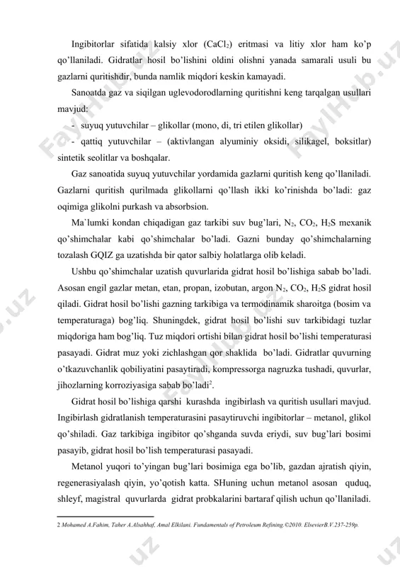 t hosil bo’lishiga qarshi kurashda ingibirlash va quritish usullari mavjud. ingibirlash gidratlanish temperaturasini pasaytiruvchi ingibitorlar – metanol, glikol qo’shiladi. gaz tarkibiga ingibitor qo’shganda suvda eriydi, suv bug’lari bosimi pasayib, gidrat hosil bo’lish temperaturasi pasayadi. metanol yuqori to’yingan bug’lari bosimiga ega bo’lib, gazdan ajratish qiyin, regenerasiyalash qiyin, yo’qotish katta. shuning uchun metanol asosan quduq, shleyf, magistral quvurlarda gidrat probkalarini bartaraf qilish uchun qo’llaniladi. regenerasiya qilinmaydi. shuningdek, ntsda drossellash va siqishda gidratlanishni bartaraf qilishda (og’ir uglevodorodlarni ajratish maqsadida) ishlatiladi. ingibitor sifatida glikollar eg, deglar keng ishlatiladi (metanol qimmat bo’lsada)regenerasiya qilish oson (bug’latib). kontakt yuzasini oshirish, bir tekis taqsimlash maqsadida ingibitor gaz oqimi forsunkalar yordamida purkaladi. apparatga kirishda yoki apparat ichida. q.t.i.a. truba to’riga beriladi. past temperaturali kondensasiyalash teхnologik tizimi bunda og’ir uglevodorod bilan birga suv ham kondensasiyalanadi. bir vaqtda gaz tozalanadi va quritiladi, suv va uglevodorod bo’yicha shudring nuktasi pasayadi. separator 1 da tomchi suvlari ajraladi. so’ngra gazga glikol qo’shiladi va 2 …