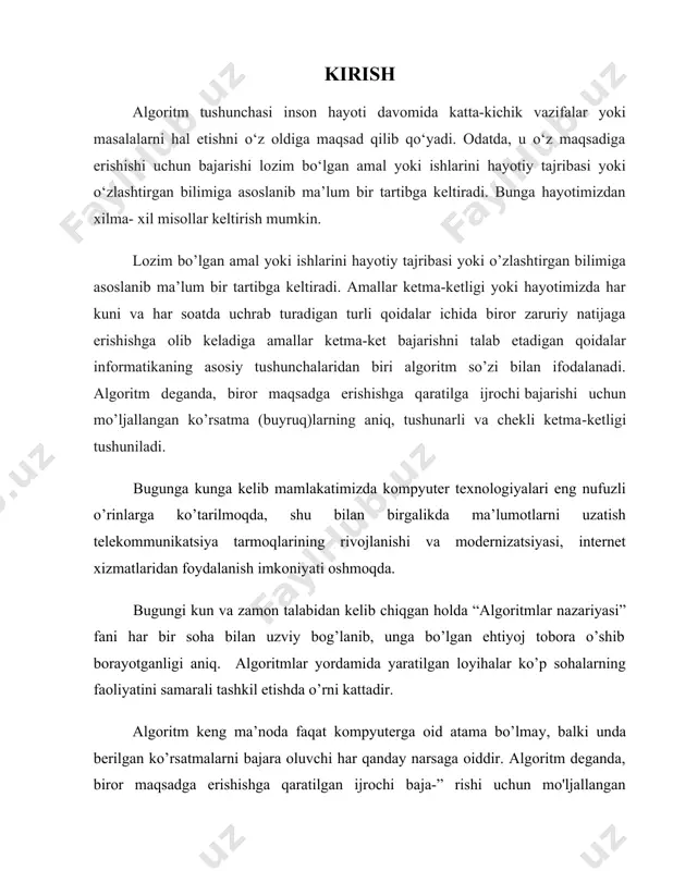 adigan til, insonning bilimi, hayotiy tajribasi, kasbiy malakasi, yoshi, qolaversa, jismoniy imkoniyatlari hisobga olinishi zarur. agar ijrochi texnik vosita (masalan, kompyuter, elektron soat, dastgohlar) bomsa, u holda algoritm shu texnik vositaning imkoniyatlaridan kelib chiqib tuzilishi kerak. agar ijrochi koinpyuter hisoblanib, uning dasturiy ta‘minotida berilgan («karra jadvalini hosil qilish») algoritmni bajara oladigan dastur (masalan, elektron jadvallardan birortasi ham) bo'lmasa, u holda hech qanday natijaga erishib bo'lmaydi. demak, berilayotgan har qanday ko‘rsatma ijrochining ko‘rsatmalar sistemasidan olinishi, ya'ni ijrochi uni qanday bajarishni bilishi kerak ekan. bu algoritmning tushunarlilik xossasini ifodalaydi. shuni ta‘kidlash joizki, informatikada algoritmning asosiy ijrochisi sifatida kompyuter xizmat qiladi. kurs ishining dolzarbligi: davriy jarayonlarni avtomatik boshqarish masalalarining turli xilligifaqat bull funksiyasi nazariyasi usullari bilangina hal qilinmaydi. shuma’noda chekli avtomatlar nazariyasi usullari ancha keng qo’llaniladi. kurs ishining maqsadi: davriy jarayonlarni avtomatik boshqarish kurs ishining obyekti: .net platformasi va zamonaviy kompyuter. kurs ishining predmeti: chekli avtomatlar algoritmlarini tuzishda foydalaniladigan ma’lumotlar turlari, ularning metodlari. …