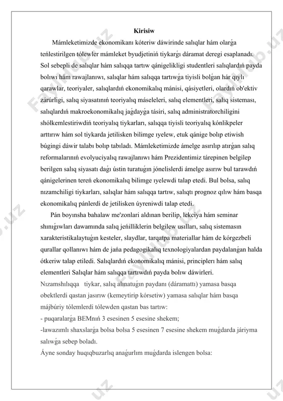 r ) salıq kodeksi 85 moddasida belgilengenindey, ózlerine júkletilgen salıq minnetlemelerin orınlaw ushın mámleket salıq xızmeti shólkemlerinde dizimde turıwları shárt. xojalıq jurgiziwshi subyektlar mámleket diziminen ótkennen, fizikalıq shaxslar bolsa uchastka mámleket salıq inspektorları tárepinen dizimge alınǵannan keyin mámleket salıq inspeksiyasida salıq tólewshi retinde dizimge turadı jáne onıń moynına nızam hújjetlerine qaray salıq tólew minnetlemesi júkletiledi. sol munasábet menen salıq subektleri hám salıq shólkemleri ortasında huqıqıy munasábetler ornatıladı. mámleket salıq shólkemlerine kelip túsetuǵın informaciyanıń úlken kólemlerde bolıwı, olarǵa qısqa múddetlerde ónimli hám anıq qayta islew zárúr ekenligin inabatqa alıp xızmetkerlerdiń say-háreketinen tikkeley salıq xızmeti shólkemleriniń tiykarǵı funksional wazıypaların sheshiwde kompyuter texnologiyalarınan paydalanıw salıq xızmetlerin jumısınıń barlıq processlerine engizilgen. búgingi kúnde mámleket salıq xızmeti shólkemlerinde salıq tólewchilarning jeke kartochkaları baslıǵınıń 2012-jıl 15-sentyabr degi 350-sanlı buyrıǵı menen tastıyıqlanǵan “mámleket salıq xızmeti shólkemlerinde salıq tólewchilarning jeke kartochkaların júrgiziw” rejimine tiykarlanıp júritiledi. usı tártip ózbekstan respublikasınıń salıq kodeksine, miynet kodeksine, puqaralıq kodeksine hám de ózbekstan …