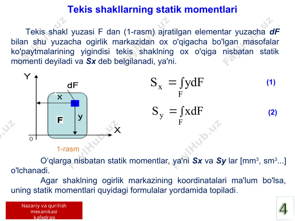 i kafеdrasi fоydalanilgan adabiёtlar 1. m.mirsaidov, p.j.matkarimov, a.m.godovannikov materiallar qarshiligi: [oliy o’quv yurtlari uchun darslik]. – t., “fan va texnologiya”, 2010, - 412 bet. 2.matеriallar qarshiligi. a.f.smirnоv tahriri оstida. tоshkеnt. «o'qituvchi»,1988. 3.k.m.mansurоv. matеriallar qarshiligi kursi. tоshkеnt. “o'qituvchi”, 1983. 4.m.t.o'rоzbоеv “matеriallar qarshiligi kursi",tоshkеnt: o'qituvchi, 1979, 510 b. 5.m.mirsaidоv, p.matkarimоv, t.sultоnоv. matеriallar qarshiligi fanidan ma'ruzalar to'plami. //tоshkеnt. tiiimsx. tоshkеnt. 2000. 6. m.mirsaidov, b.yuldashev, b.urinov „materiallar qarshiligi” fanidan mustaqil topshiriqlarni bajarish bo’yicha metodik ko’rsatma, i-qism.–toshkent. timi. 2007. 46 b. 7. m.mirsaidov, b.yuldashev, b.urinov „materiallar qarshiligi” fanidan mustaqil topshiriqlarni bajarish bo’yicha metodik ko’rsatma, ii-qism.–toshkent. timi.2007.50 b. nazariy va qurilish mexanikasi kafеdrasi e'tibоringiz uchun rahmat! + 99871 237 09 81  t.elyor85@mail.ru mexanika va kompyuterli modellashtirish kafеdrasi dotsenti toshmatov e.s. * y df dy x h 0 b y a x a y h b � embed equation.2 ��� � embed equation.2 ��� x _1207048411.unknown _1207048458.unknown df y1 y x1 f y1 y 0 x …