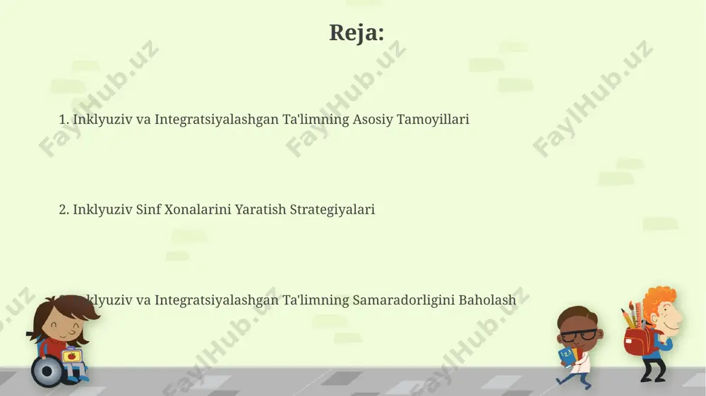 qishi va qo'llashi kerak. o'qituvchilar samarqand viloyatida o'tkazilgan 3 kunlik treningdan so'ng inklyuziv ta'lim printsiplari, differensiatsiya va individual yondashuvlar bo'yicha bilim va ko'nikmalarga ega bo'lishlari lozim. inklyuziv va integratsiyalashgan ta'limning mohiyati inklyuziv va integratsiyalashgan ta’limning mohiyati, 200 dan ortiq mamlakatda qo‘llaniladigan 1990-yillardagi salamanca deklaratsiyasi tamoyillariga asoslanadi va barcha bolalar uchun teng imkoniyatlarni ta’minlashga qaratilgan. o‘zbekiston respublikasining 2017-yilgi "ta’lim to‘g‘risida"gi qonuni, inklyuziv ta’limni rivojlantirishda 5ta asosiy yo‘nalishni aniqlab beradi, jumladan, maxsus ta’lim muassasalarining sonini kamaytirish va umumta’lim maktablariga integratsiyani kuchaytirishni nazarda tutadi. inklyuziv ta'limda o'quv rejasi va metodlari inklyuziv ta'limda 5-sinf o'quvchilari uchun matematika fanidan 2 soatlik dars rejasida amaliy mashg'ulotlar va o'yinlar samarqand shahridagi maktablarda qo'llanilmoqda, bu esa o'quv jarayonini yanada qiziqarli va samarali qiladi. toshkentdagi maxsus ta'lim muassasalarida 10 dan ortiq turdagi individual o'quv metodlaridan foydalanilib, o'quvchilarning turli ehtiyojlariga moslashtiriladi, natijada o'qishga qiziqish 20% ga oshadi. integratsiyalashgan ta'limning afzalliklari integratsiyalashgan ta'lim, 2010-yildan beri o'zbekistonning 12 viloyatida qo'llanilib, 5000 dan …