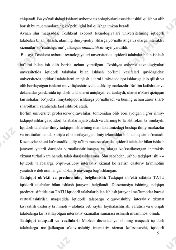 y maqolalar - 5ta, 2 ta chet-el adabiyotlari, va internet saytlari - 7 tani tashkil qiladi. mazkur dissertatsiya ishini bajarish davomida расулев д.м., комилов ш.м., машарипов а.к., жумабоев к.т. ибрагимов э.у., мусаева м.а. “ web-сайтни лойихалаш”, зокирова т.а., машарипов а.к., мусаева м.а., ибрoҳимов э.у. “web–дастурлаш “, томсон л. и веллинг л. “разработка web – приложений на php и mysql”, nаzirоv sh.а., qobulоv r.v. “sql va ma’lumotlar bazalarining keyingi dasturlash” kabi adabiyotlardan foydalanildi. tadqiqotda qo’llanilgan uslublarning qisqacha tavsifi: tadqiqot davomida so’rov-intervyular, loyihalash, ma’lumotlar tahlili, vizuallashtirish, ob’yektga yo’naltirilgan dasturlash hamda matematik modellashtirish usullaridan foydalanildi. tadqiqot natijalarining nazariy va amaliy ahamiyati: iqtidorli talabalarga mo’ljallangan o’quv-uslubiy interaktiv xizmat ko’rsatuvchi , iqtidorli talabalar bilan ishlash jarayonini vertuallashtiruvchi dasturiy vositani yaratishning nazariy asoslari yaratildi. u asosida talant.atdt.uz veb sayt yaratildi va tatu miqyosida joriy etilib, sinovdan o’tkazildi hamda takomillashtirildi. tadqiqotning ilmiy yangiligi: zamonaviy veb-texnologiyalar asosida iqtidorli talabalar uchun mo’ljallangan dasturiy ta’minotni yaratishning ilmiy asoslari ishlab chiqildi …