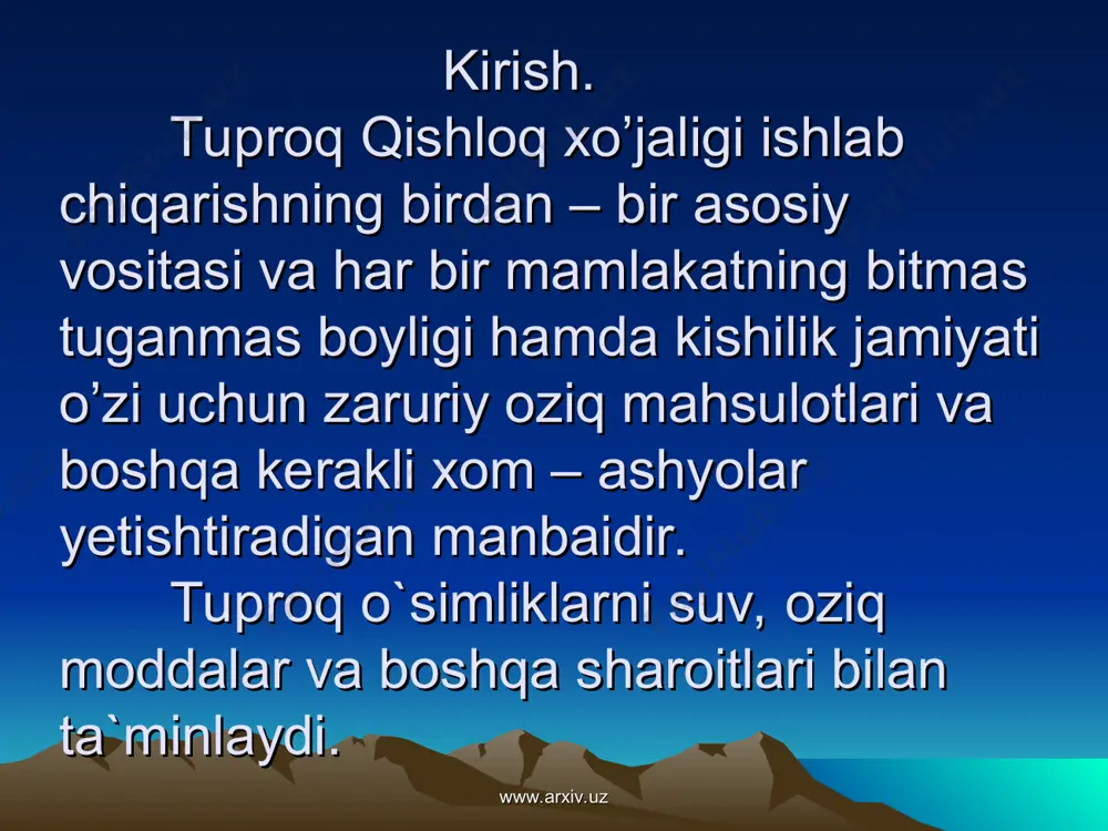 n tuproqning qalinligi hamma joyda bir xil tuproq tipiga ko’ra o’rta hisobda, 40sm dan bazida 250 -300sm qalinlikdagi tuproqlar uchraydi. www.arxiv.uz www.arxiv.uz www.arxiv.uz www.arxiv.uz 2.2 tuproqning strukturasi va mexanik tarkibi. tuproqning mexanik tarkibi: tuproqning qattiq qismida har xil kattaliklardagi mineral zarralarning nisbiy miqdoriga aytiladi. mexanik tarkibiga ko’ra: soz, qumoq, qumloq, qumli gorizontlar. tuproqning strukturasi: tuproqning mexanik tarkibidagi mayda mineral zarralar turli faktorlar ta’sirida xususan chirindi modda va kalsiy karbonat birikmasi ta’sirida bir-biriga yopishib donador holatga o’tishi natijasida struktura elementi yoki agregati deyiladigan donachalar paydo bo’ladi. www.arxiv.uz www.arxiv.uz www.arxiv.uz www.arxiv.uz tuproq agregatlarining kattaligiga ko’ra: mikrostruktura, makrostruktura,kesakcha shaklida bo’ladi. mikristrukturali tuproq agregati kattaligi 0.25mmdan kichik. makrostrukturali agregati nkattaligi 0.25 dan 10mmgacha, kesakli agregati kattaligi 10mm dan katta bo’ladi. s.zaxarov struktura bo’lakchalarining shakli,geometrik xarakteri va kattaligini e’tiborga olib maxsus klassifikatsiyasini ishlab chiqdi. www.arxiv.uz www.arxiv.uz www.arxiv.uz www.arxiv.uz tuproq strukturasi bo’laklarining klassifikasiyasi www.arxiv.uz turlar xillar bo’laklarning kattaligi palaxsasimon 1tip kubsimon yirik palaxsasimon mayda palaxsasimon > …