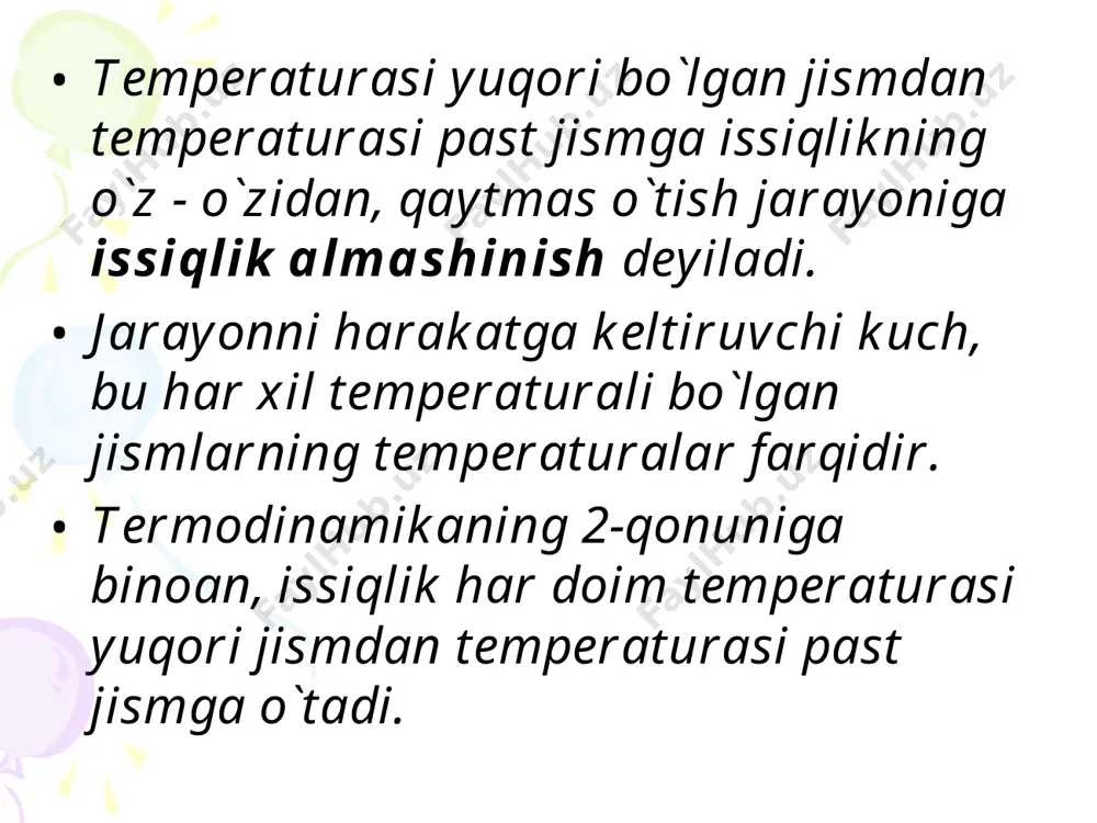 uklamasi. agar, issiqlik eltkichning massaviy sarfi g1, uning qurilmaga kirish entalpiyasi i1b va chiqishdagisi esa i1ch, sovuqlik eltkichning sarfi g2 qurilmaga kirishdagi entalpiyasi i2b va chiqishdagisi ich bo`lganda tenglikni ushbu ko`rinishda yozish mumkin: muhitlarda issiqlik oqimi va temperaturaning taqsimlanishi o`rtasidagi bog`liqlikni aniqlash issiqlik almashinish nazariyasining asosiy vazifalaridan biridir. tekshirilayotgan muhitning hamma nuqtalari uchun istalgan biror vaqtdagi temperatura qiymatlari majmuiga temperatura maydoni deyiladi. eng umumiy holatda ma’lum bir nuqtadagi temperatura t shu nuqtaning koordinatalari (x, y, z) bog`liq bo`ladi va vaqt  o`tishi bilan o`zgaradi demak, temperatura maydonini ushbu funkstiya bilan ifodalash mumkin: ushbu bog`liqlik turg`un temperatura maydonini ifodalovchi tenglamadir. xususiy holatda tenglama faqat fazoviy koordinatalar funkstiyasi bo`ladi, ya’ni: va unga tegishli turg`un temperatura maydonini ifodalaydi. issiqlik o`tkazuvchanlik yo`li bilan issiqlikning tarqalishi matematik usulda differenstial tenglama bilan ifodalanishi mumkin. ushbu tenglama energiyaning saqlanish qonuni asosida keltirib chiqariladi va issiqlik tarqatayotgan jism yoki muhitning fizik xossalari (zichlik , issiqlik sig`im s, issiqlik …