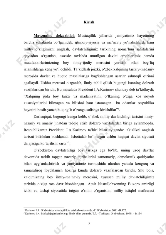 olimlari izlanishlari turli nashrlarda e’lon qilindi, umumlashtiruvchi asarlar, monografiya, risolalar chop etildi. mavjud adabiyotlarni konseptual-metodologik nuqtai-nazaridan ikki guruhga bo‘lish mumkin. birinchi guruhga mansub qatorga sovetlar mustabid tuzumi davrida yaratilgan asarlar kirgan bo‘lsa, ikkinchi guruhni istiqlol davrida yozilgan, chop etilgan monografiya, risola, kitob, maqolalar tashkil etadi. sovetlar mustabid tuzumi davrida buxoro amirligining ichki va tashqi siyosatini, xususan amir nasrullohxon davri tarixiga oid juda ko‘plab asarlar yaratildi. bular orasida, ayniqsa, va boshqalarning asarlarini alohida qayd etish lozim. mustaqillik yillarida o‘zbekiston madaniyati tarixi, nazariyasiga oid qator ilmiy tadqiqot ishlari amalga oshirildi. xususan, h.bobobekov, sh.karimov, m.sodiqov, vohidov sh, d.a.alimova, e.v.rtveladze, sagdullayev a., mavlonov o‘, ziyo azamat va boshqalarning asarlari va ilmiy tadqiqotlarida o’rganilayotgan muammoga munosabat jiddiy yangi metodologiya asosida tahlil etilgan1. bmining davriy chegarasi: ishning davriy chegarasi buxoroda mang’itlar sulolasining hukmronlik yillariga bag’ishlangan bo’lib, xususan, ishda amir nasrullohxon davrida buxoro amirligining ichki va tashqi siyosati yoritiladi. bu 1753-1920 yilgacha bo’lgan davrni o’z ichiga oladi. …