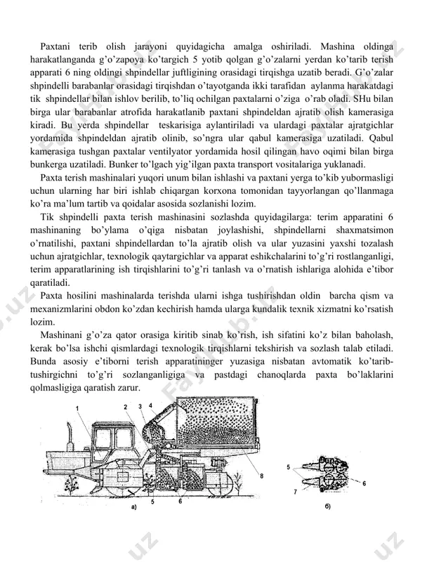 chiqarilayotgan mx-1,8 rusumli tik shpindelli paxta terish mashinasi bilan terib olinadi. mashina (10.1-rasm) traktorga yarim osma holatda o’rnatilgan bo’lib, u terish apparati 6, g’o’zapoya ko’targich 5, havo so’ruvchi kanal 2, ventilyator 3, haydovchi kanal 4 va bunker 5 dan iborat. har bir g’o’za qatoridagi paxtani terib olish uchun ishlatiladigan terish apparati 6 oldingi va keyingi juftli shpindelli barabanlar 7 dan tashkil topgan. paxtani terib olish jarayoni quyidagicha amalga oshiriladi. mashina oldinga harakatlanganda g’o’zapoya ko’targich 5 yotib qolgan g’o’zalarni yerdan ko’tarib terish apparati 6 ning oldingi shpindellar juftligining orasidagi tirqishga uzatib beradi. g’o’zalar shpindelli barabanlar orasidagi tirqishdan o’tayotganda ikki tarafidan aylanma harakatdagi tik shpindellar bilan ishlov berilib, to’liq ochilgan paxtalarni o’ziga o’rab oladi. shu bilan birga ular barabanlar atrofida harakatlanib paxtani shpindeldan ajratib olish kamerasiga kiradi. bu yerda shpindellar teskarisiga aylantiriladi va ulardagi paxtalar ajratgichlar yordamida shpindeldan ajratib olinib, so’ngra ular qabul kamerasiga uzatiladi. qabul kamerasiga tushgan paxtalar ventilyator yordamida hosil …