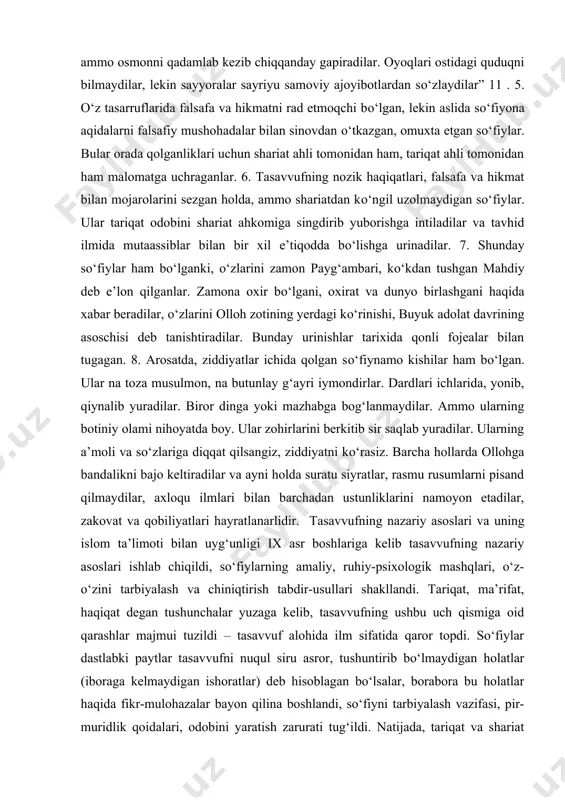 vardigor zoti olami tajallisining surati deb biladigan so‘fiylar. ular dunyoni naqsh va ranglardan deb bilib, butun olamni esa parvardigorning zotidan iborat deb hisoblaydilar. ularning fikricha, mutlaq iloh dunyo suratida tajalliy etibdur va mohiyat uning o‘zidir. oshiq va ma’shuq ham udir, demak, haqiqiy qibla ham uning o‘zidir. 3. hamma narsani mutloq iloh tajallisi deb bilib, isoga o‘xshab fikr yuritadigan va o‘ng yuzingga shapatilasalar, chap yuzingni ham tut, degan aqidani olg‘a suradiganlar. ular zulmga e’tiroz bildirmaydilar, ammo mazlumlarga iloji boricha iltifot ko‘rsatadilar. ular uchun dunyo va uning ishlari ma’nisiz, arzimas, inson burchini ilohni tanishdan iborat deb biladilar. 4. falsafani, aqlni rad etuvchi so‘fiylar. ular xayol olamiga g‘arq bo‘lib, lohut olamidan so‘z aytadilar, o‘tmishdan va kelajakdan karomat qiladilar. “yer yuzidan xabarlari yo‘q, ammo osmonni qadamlab kezib chiqqanday gapiradilar. oyoqlari ostidagi quduqni bilmaydilar, lekin sayyoralar sayriyu samoviy ajoyibotlardan so‘zlaydilar” 11 . 5. o‘z tasarruflarida falsafa va hikmatni rad etmoqchi bo‘lgan, lekin aslida so‘fiyona aqidalarni …
