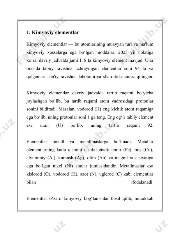 1. **uglevodorodlar**: faqat vodorod va uglerod atomlaridan tashkil topgan birikmalar. uglevodorodlar alkanlar, alkenlar va alkinlar kabi turli toifalarga ajratiladi. alkanlar, masalan, metan (ch₄), etan (c₂h₆), propan (c₃h₈) va boshqalar ma'lum. uglevodorodlar neft, gaz va boshqa tabiiy manbalardan olinadi. 2. **spirtlar**: molekulada uglerod bilan bog'langan gidroksil guruhi (–oh) mavjud. eng oddiy spirt - metanol (ch₃oh) va etanol (c₂h₅oh). 3. **aldegidlar va ketonlar**: ushbu birikmalar karbonil guruhi (>c=o) mavjudligi bilan tavsiflanadi. formaldegid (hcho) va atseton (ch₃coch₃) tekis misol bo'lib, ular sanoatda keng qo'llaniladi. 4. **kislotalar**: molekulada karboksil guruhi (–cooh) mavjud. eng taniqli organik kislotalardan biri - sirka kislotasi (ch₃cooh). 5. **esterlar**: kislotalarning spirtlar bilan o'zaro ta'siri natijasida hosil bo'ladi va kislota anhidridlari yoki laktonlar deb ham atalishi mumkin. esterlar parfyumeriya sanoatida va oziq-ovqat aromatizatorlarida keng qo'llaniladi. 6. **aminlar**: azot atomining mavjudligi bilan tavsiflanadi. aminlar aminokislotalar va oqsillar tarkibidagi funksional guruhlar hisoblanadi. molekulyar massalar turlicha bo'lib, metandan (ch₄) boshlab, ulkan biologik makromolekulalar, masalan, …