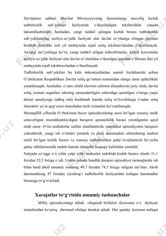 ma) o‘z faoliyati natijalaridan ko‘proq daromad olishga harakat qiladi. har qanday korxona nafaqat o‘zining tovarini ancha yuqori baholarda sotishga, balki mahsulot ishlab chiqarish va uni sotishga qilinadigan sarf-xarajatlarni kamaytirishga ham intiladi. tovarlarni sotish baholari asosan korxona faoliyatiga bog‘liq bo‘lmagan tashqi sharoitlar bilan belgilansa, ishlab chiqarish sarf-xarajatlari korxonaning ishlab chiqarish va tayyor tovarlarni sotish jarayonlarini tashkil qilish samaradorligi darajasiga bog'liq. lekin har qanday tovarni ishlab chiqarish va sotish uchun ma’lum sarf xarajatlar talab etiladi. korxonalar faoliyat yuritish jarayonida moddiy va pul xarajatlarini sarflaydilar. korxonaning umumiy xarajatlari ichida ishlab chiqarish xarajatlari eng katta salmoqqa ega. ishlab chiqarish xarajatlari majmuasi korxonaga mahsulot ishlab chiqarish qanchaga tushishini ko’rsatadi, ya'ni mahsulotning ishlab chiqarish tannarxini tashkil qiladi. korxonalar, shuningdek, mahsulotni sotish bo’yicha xarajatlarni ya’ni ishlab chiqarishdan tashqari yoki tijorat (tashish, qadoqlash, saqlash, reklama qilish va hokazo) xarajatlarini ham amalga oshiradilar. mahsulot (ish, xizmat) tannarxini tashkil qiluvchi xarajatlar iqtisodiy mazmuniga ko‘ra quyidagi elementlarga asosan guruhlarga taqsimlanadi: · …