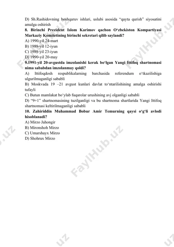 olganligi sababli d) “9+1” shartnomasining tuzilganligi va bu shartnoma shartlarida yangi ittifoq shartnomasi keltirilmaganligi sababli 10. zahiriddin muhammad bobur amir temurning qaysi o‘g‘li avlodi hisoblanadi? a) mirzo jahongir b) mironshoh mirzo c) umarshayx mirzo d) shohrux mirzo