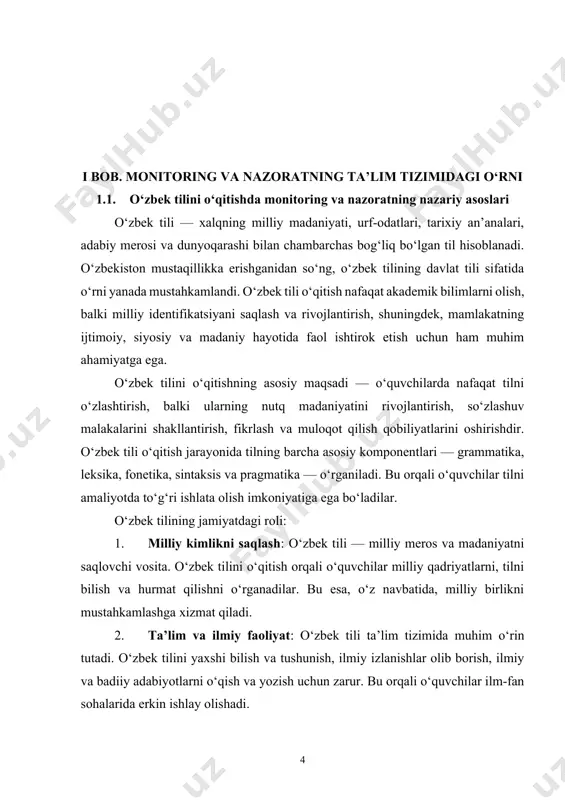 diiy adabiyotlarni o‘qish va yozish uchun zarur. bu orqali o‘quvchilar ilm-fan sohalarida erkin ishlay olishadi. 3. ijtimoiy integratsiya: o‘zbek tilini o‘rganish, o‘quvchilarning jamiyatdagi barcha qatlamlariga to‘liq integratsiyasini ta’minlaydi. o‘zbek tili davlat tili sifatida barcha sohalarda muloqot uchun asos bo‘lib xizmat qiladi. 4. muloqot madaniyatini rivojlantirish: o‘zbek tilini o‘qitish orqali o‘quvchilar og‘zaki va yozma nutq madaniyatini rivojlantiradilar. bu ularga o‘z fikrlarini to‘g‘ri va aniq ifoda etish, muloqot qilish va turli madaniyatlarni tushunish imkonini beradi. 5. dunyoqarashni kengaytirish: o‘zbek tili orqali o‘quvchilar dunyoqarashlarini kengaytiradilar, adabiyot, san’at, tarix va boshqa sohalarda milliy va jahon madaniyati bilan tanishadilar. bu ular uchun yangi bilimlar va imkoniyatlar eshigini ochadi.[footnoteref:2] [2: ta’lim tizimidagi yangi pedagogik va axborot texnologiyalari [matn]: universitet oʻquvchilari uchun darslik / e.s. poʻlat, m.yu. buxarkina, m.v. moiseeva, a.e. petrov; ed. e.s. poʻlat. - m.: "akademiya" axborot markazi, 2019 yil.] o‘zbek tili o‘qitishning pedagogik ahamiyati: 1. fikrlash va mantiqiy tafakkur: tilni o‘rganish orqali o‘quvchilar mantiqiy …