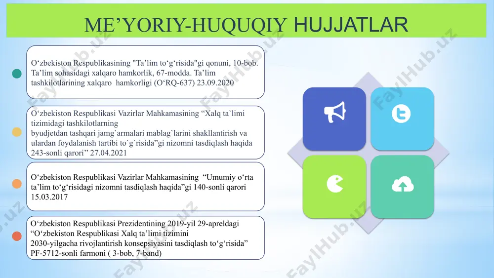 kor tashkilotlarni aniqlash va maqsadlarni belgilash: 02 boshqaruv mexanizmlarini yaratish, kelishuvlarni rasmiylashtirish 03 loyihalarni rejalashtirish va amalga oshirish: vazifalar: turkiya kanada germaniya xorijiy tajribalarni o‘rganilganligi: turkiyada maktablar bilan ishlash uchun mas’ul 14 ta vazirlik va idoralar shug‘ullanadi. turkiya yoshlarga oid davlat siyosatining maqsad va ustuvor yo‘nalishlari: yoshlarining ijtimoiylashuvi va madaniy rivojlanishi; o‘z madaniyati va tarixi bilan nazariy va amaliy tanishish; yoshlarning jahon hamjamiyatiga integratsiyalashuvi va butun dunyodagi tengdoshlari bilan o‘zaro munosabatda bo‘lishi;yosh avlodni yomon odatlardan asrash; yoshlarning jamiyat hayotidagi faol ishtirokini ta’minlash; yoshlar siyosatini isloh qilish va yoshlarning tashabbuslarini qo‘llab-quvvatlash. 1.ilmiy markazlar bilan hamkorlik: kanadada ta'lim va ilmiy tadqiqot tashkilotlari o'rtasidagi aloqalar juda kuchli. maktablar va universitetlar o'rtasida o'qituvchilarni tayyorlash va ilmiy izlanishlar qilishda hamkorlik tizimi mavjud. 2. jamoatchilik resurslari va ijtimoiy xizmatlar: kanadada maktablar va jamoatchilik tashkilotlari o'rtasidagi hamkorlik orqali o'quvchilarga ijtimoiy yordam, psixologik qo'llab-quvvatlash va sog'liqni saqlash xizmatlari ko'rsatiladi. bu ta'limda muvaffaqiyatli bo'lishga yordam beradigan qo'shimcha imkoniyatlarni yaratadi. …