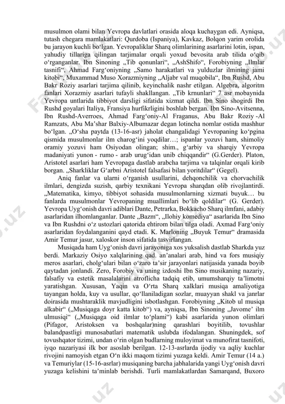 bir belgisi xalq ruhini ifodalaydigan „ming bir kecha“, „kalila va dimna“, „qirq vazir“, „toʻtinoma“, „sindbodnoma“, „jomeʼul hikoyot“ kabi qiziqarli sarguzashtlarga toʻla, shavqu zavq qoʻzgʻatadigan asarlarning koʻpaygani, ikkinchi tomondan „xamsa“larda boʻlganiday, insoniy ideallarni mujassam etgan hikmat va falsafaga boy umumbashariy gʻoyalarning tasvirlanishidir. eron va markaziy osiyo xalqlari bir necha ming yillik sivilizatsiya tarixiga ega. zotan, qadimiyati, qad. davlatchiligi boʻlmagan xalqda uygʻonish davri ham boʻlmaydi. markaziy osiyoda 9-13-asrlarda oʻz xalqining qadimiyatiga qaytish, avesto falsafasini qurʼon maʼrifati bilan uygʻunlashtirib, qayta tiklashga intilish tasavvuf taʼlimoti, „ishroq“ falsafasida namoyon boʻlgan. shu asosda turli nazariyalar, taʼlimotlar yuzaga kelib, fikriy xilmaxillik rivojlandi. tasavvufiyorifona taʼlimotning qaror topishi, tariqatlar ham, aslida, hurfikrlik va inson kamolotiga boʻlgan ishonchning nishonasi edi. uygʻonish davri vakillari dinga emas, balki dinni sxolastika va jaholat manbaiga aylantirgan kishilarga qarshi kurashganlar. tafakkurdagi ikki: akliy (ratsionalizm) va vajdiy (irratsionalizm) yoʻnalish namoyandalari zohiran oʻzaro kelishmay kelgan boʻlsalarda, amalda yevropa uygʻonish davrida boʻlganidek, inson ongini bedor etish, uni aqidaparastlik …