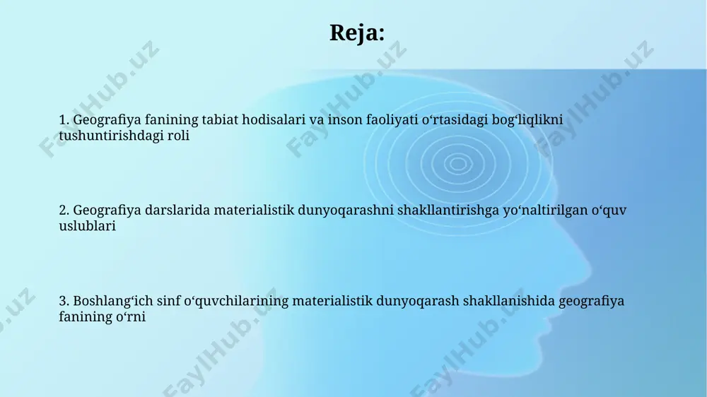 usdan foydalanish orqali maktab oʻquvchilarida koinot haqidagi ilmiy tasavvurlarni shakllantirish globusdan foydalanib, 10-15 yoshli oʻquvchilarga yerning aylanishi va fasllar almashinuvining sabablari, masalan, shimoliy va janubiy qutblarning oʻziga xos xususiyatlari haqida tushuncha berish mumkin. xarita va globus yordamida 5-sinf oʻquvchilariga yerning 7 qitʼasi va 4 okeani haqidagi aniq tasavvurlarni shakllantirish, shuningdek, geografik koordinatalar tizimini tushuntirish mumkin. inson va tabiat oʻrtasidagi oʻzaro munosabatlarni geografiya orqali tushuntirish o'zbekistonning tog'li hududlari (masalan, farg'ona vodiysining 25% ga yaqini) va tekisliklaridagi turmush tarzi farqini solishtirish orqali, tabiat sharoiti inson faoliyatiga qanday ta'sir ko'rsatishini ko'rsatish mumkin. geografiya orqali, 10 ta davlatni o'z ichiga olgan markaziy osiyo mintaqasidagi suv resurslari bo'yicha kelishmovchiliklar misolida, insonning tabiatga ta'siri va tabiatning inson hayotiga ta'siri o'rtasidagi murakkab munosabatlarni tushuntirish mumkin. geografiya orqali oʻquvchilarda materialistik dunyoqarashning rivojlanishi geografiyaning amaliy jihatlari, masalan, 8-sinfda oʻtilgan 5 ta xarita turi bilan ishlash va toshkent viloyati yerlaridan foydalanishning iqtisodiy jihatlari, oʻquvchilarda ob’ektiv va materialistik qarashni rivojlantiradi. geografiya …