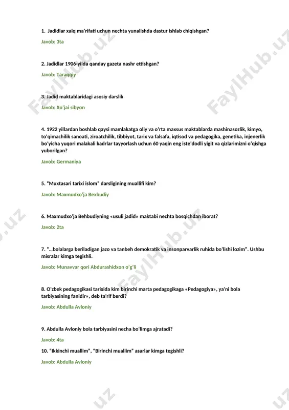 loniy 1. tarbiyaning maqsadi nima? javob: har tomonlama barkamol shaxsni shakllantirish 2. tarbiya jarayoni qanday xususiyatlarga ega? javob: maqsadga yoʻnaltirilganligi,koʻp qirrali jarayon, uzoq muddat davom etishi, uzluksizligini, yaxlitligi,variyativligi natijalarning oldindan aniqlanmasligi,ikki tomonlamalik 3. tarbiya nazariyasi? javob: pedagogikaning muxim tarkibiy qismilaridan biri bb tarbiya jarayonining mazmuni, tarbiya turlari shakl ,metod,vosita va usullari uni tashkil etish masalalarini oʻrganadi 4. tarbiya jarayoni, bu - javob: oʻqituvchi va oʻquvchi (tarbiyachi va tarbiyalanuvchi) oʻrtasida tashkil etuvchi hamda aniq maqsadga yoʻnaltirilgan hamkorlik jarayonidir 5. tarbiya qaysi so‘zdan olingan? javob: arabcha soʻzdan olingan bb parvarish qilmoq,taʼlim bermoq,oʻrganish,odob oʻrgatish, mexribonlik 6. adab hulqni chiroyli qilish, so‘z va fe’ini soz qilishdir... adab saqlash - muhabbat samarasi, у ana muhabbat daraxtining urug‘i hamdir. agar adabdan ozgina nuqsonga yo‘l qo‘ysangiz ham, nimaiki qilsang, beadablik ko‘rinadi. odam o‘zining bir xil sifat va ko‘rinishida olib yurishi lozimki, toki odamlarda unga tasarruf (ta’sir qilish) ta’masi paydo bo'lmasin. ushbu misralar kimga tegishli? javob: bahovuddin naqshbandiy …