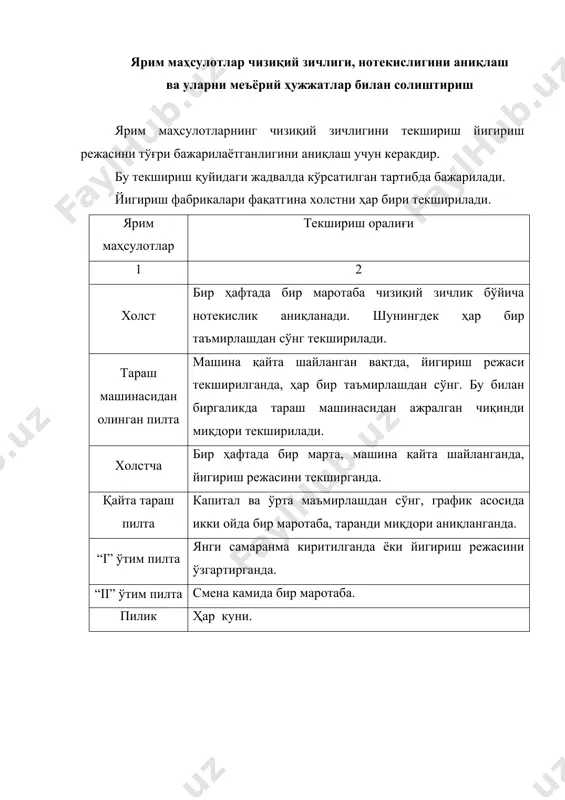 ган холст оғирлиги нормада бўлса, чизиқий зичлиги бир ҳафтада бир маротаба аниқланади. бир вақтда чизиқий зичлик бўйича нотекислик ҳам аниқланади. тараш машинасида - битта сараланма ишлаётган машиналар сониги боғлиқ. шунга қараб тозлар сони ва ҳар тоздан олинадиган кесмалар сони аниқланади, лекин ҳар ҳафта бир тоздан олинганкесмалар сони 20 тадан кам бўлмаслиги керак. кесма узунлиги 5 м. бўлади. холстча -ҳар бир машинадан иккитадан холстча олинади. ҳар бир холстчадан 1 м. узунликдаги кесмадан тўрттадан олинади. қайта тараш машинасидан олинган пилта – умумий текшириишлар сони 10 тадан кам бўлмаслиги керак. кесма узунлиги 5 м. пилта машинасида – агарда аппаратда 10 тадан ортиқ чиқариш органи бўлса, ҳар биридан биттадан пилта кесмаси олинади. кесма узунлиги 5 м. пилик машинасидан - ҳар бир машинадан иккитадан ғалтакдаги пилик орлинади. биринчи ва иккинчи қаторидан биттадан. агарда фабрикада иккитагина пилик машинаси ишлаётган бўлса, 4 та ғалтак олинади. агарда машиналар сони 10 тадан ортиқ бўлса, оралатиб олинади. кесма узунлиги 10 …