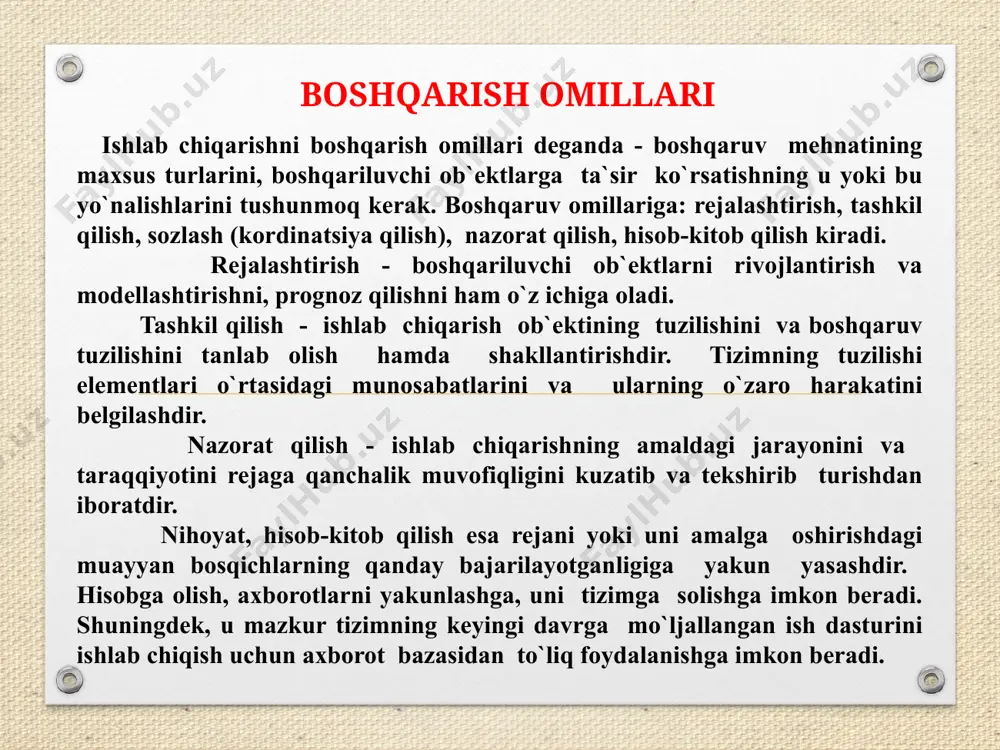 an, bir-biri bilan bog’langan va chuqur o`ylab ko`rilgan tadbirlar yig’indisidan iborat bo`lishi kerak. boshqarishning rejalilik qoidasi, xalq ta`limiga, jumladan, maktabga rahbarlik qilish va uni boshqarish sohasidagi rejalarni xukumatimizning maorif sohasidagi siyosatini va hisobga olgan holda tuzilishi lozim. rivojlantirishda ishning mohiyatini bilish, maqsadni maxorat bilan hal etishning asosiy bo`g’ini bo`lishi lozim. shuningdek, xalq ta`limi organlarining, jumladan, maktabning ham rejasini aniq tadbirlar mavzusi asosida maqsadga qaratilganlik, aniq, muntazam va izchil ish olib borish kabi hususiyatlarga ega bo`lishi, shuningdek, unda u yoki bu tadbirni bajarish uchun javobgar shaxslarni aniq ko`rsatilgan bo`lishi maqsadga muvofiqdir. image4.png image3.png /docprops/thumbnail.jpeg