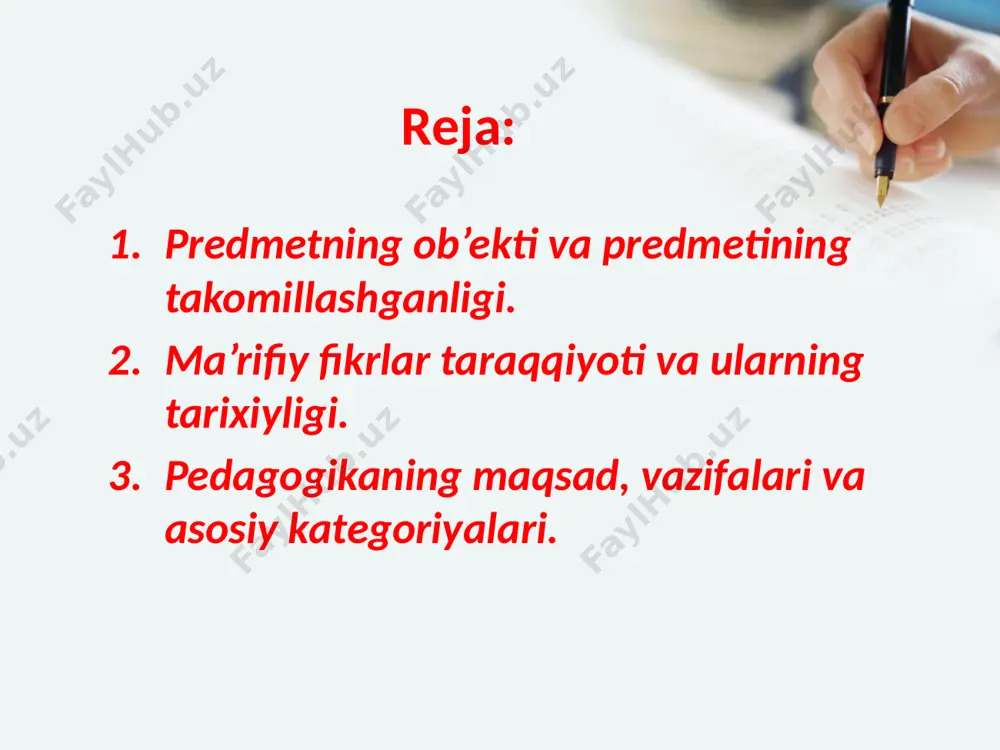 ar asosida ta’lim va tarbiya nazariyasini rivojlantirish vazifasini hal etadi. abu nasr forobiyning asarlaridagi pedagogik fikrlar. asarlari: «baxt saodatga erishuv to‘g’risida», «fozil odamlar shahri», «aql ma’nolari haqida», «shaharni o‘rganish haqida» va boshqalar. forobiy birinchi bo‘lib ta’lim va tarbiyaga ta’rif bergan olimdir: ta’lim – so‘z va o‘rganish bilangina amalga oshiriladi. tarbiya – esa amaliyot, ish-tajriba bilan amalga oshiriladi. ta’lim-tarbiya ikki yo‘l bilan amalga oshiriladi: qanoatbaxsh, ilhomlantiruvchi so‘zlar va majbur etish. har kimki ilm, hikmatni desa, uni yoshligidan boshlasin, so‘zining ustidan chiqsin, yomon ishlardan saqlanadigan bo‘lsin, hiyonat, makr va hiylalardan uzoq bo‘lsin, diyonatli bo‘lsin, ilm va ahli ilmdan mol-dunyosini ayamasin. abu nasr forobiy abu rayhon beruniyning ilmiy-pedagogik qarashlari. beruniy insonni tabiatning eng oliy kamoloti deb qaraydi. u insonning ma’naviy qiyofasidagi barcha axloqiy xislatlarni yaxshilik va yomonlik kabi ikki turga bo‘ladi. beruniy ta’limotiga ko‘ra inson kamolotida uch narsa muhim rol’ o‘ynaydi: 1.irsiyat. 2.muhit. 3.tarbiya. beruniyning ilmiy bilimlarni egallash yo‘llari, usullari haqidagi fikrlari hozirgi …
