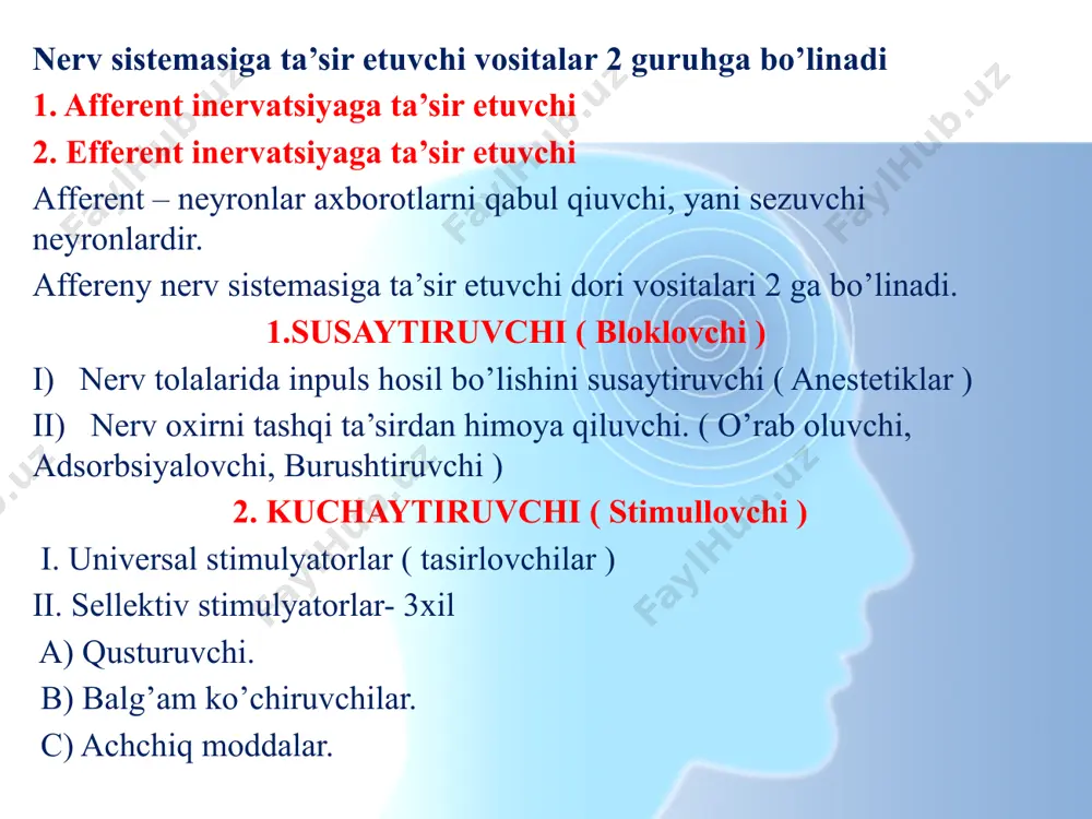 vda erimaydi, tibbiyotda ularning suvda eriydigan gidroxlorid tuzlari ishlatiladi. mahalliy anesteziya bo’lishi uchun tuzlar gidrolizlanib asos hosil qilishi kerak. tuzlar ( ph 7,35-7,4 ) ishqoriy bo’lganda gidrolizlanadi yallig’langan to’qimalarda muhit kislotali ( ph 5,0 - 6,0) bo’ladi, bu muhitta esa mahalliy anesteziya bo’lmaydi. mahalliy anestetiklar sezuvchi tolalar harakatlanturuvchi tolalar vegetativ nerv tolalari sinpatik nerv tolalarini bloklaydi. bu jarayon sababi : anistetik nerv tolasining mielin pardasini, ranve tugunchalarini falajlaydi, shvann po’stlog’idan anestetiklar o’ta olmaydi. kakain – kuchli anestetik ta’sir ko’rsatadi. yuza shilliq qavatlarga ishlatilganda teri orqali qonga so’riladi va zararli tasir ko’rsatishi mumkun. - qonga so’rilgach eyfariya ( kayf ) chaqirishi mumkun. charchoqni chiqarishi mumkun. agar qonga so’rilishi davom etsa uzunchoq miyaga ta’sir etib ( nafas, qon tomir va qusish markazini qo’zg’atib ) talvasa xuruji ro’y berishi mumkun. kakain bilan zaharlanganda yordam ichilgan bo’lsa- oshqozonga kaliy permanganate yuborish, surgi dori vositalari va adsorbsiyalovchi dorilar buyuriladi. shilliqlardan yuborilgan bo’lsa- izatonik eritma bilan …
