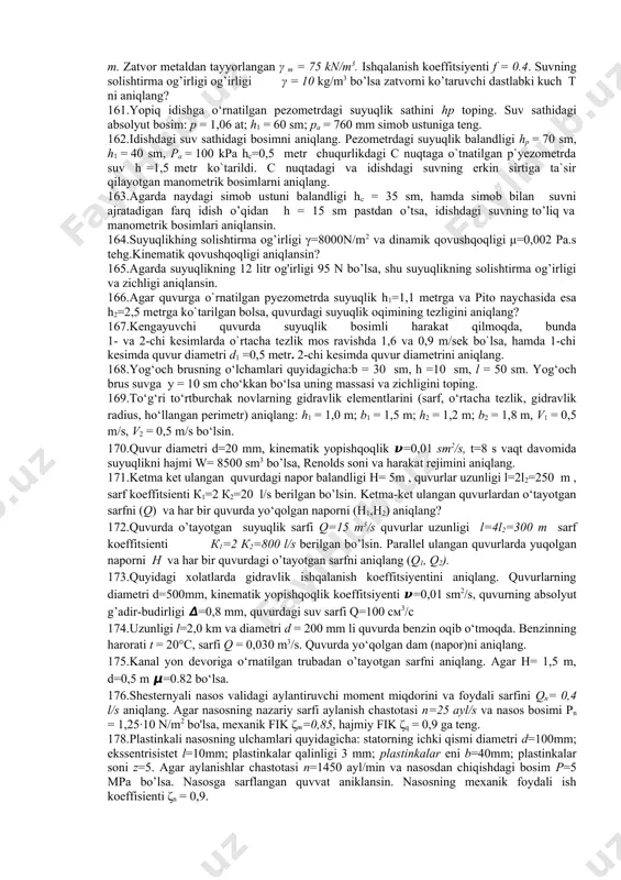 niladi? 121. diafragmali nasoslar asosiy elementlarini tushuntiring. 122. tishli g‘ildirakli nasoslar asosiy elementlarini kо‘rsating. 123. tishli g‘ildirakli nasoslar hosil qiladigan napori bо‘yicha nechta turga bо‘linadi? 124. tishli g‘ildirakli nasoslarning asosiy qismlarini tushuntiring. 125. plastinkali (shiberli) nasoslarning ishlash prinsipini tushuntiring. 126. nasoslarning asosiy xarakteristikalariga qanday xarakteristikalar kiradi? 127. nasoslarning xarakteristikalari qanday quriladi? 128. markazdan qochma nasoslarning ish unumdorli qanday hisoblanadi? 129.nasos ish tartibini boshqarishning drossellash usulini tushuntiring. 130.nasos vali aylanishlar sonini o’zgartirish usuli qachon qо‘llaniladi? 131.nasos ish g’ildiragi kuraklarining joylashish burchagini o’zgartirish usuli qaysi nasoslarda qо‘llaniladi? 132.nasos ish tartibini boshqarishning ishlayotgan nasoslar sonini o’zgartirish usulini tushuntiring. 133.nasoslar ketma-ket ulanib ishlaganda qanday kattalik о‘zgarmaydi? 134.nasoslar parallel ulanib ishlaganda qanday kattalik о‘zgaradi? 135.nasos ishchi nuqtasi qanday aniqlanadi? 136.nasos markasi qanday tanlanadi? 137. hajmiy nasoslar deb nimaga aytiladi? 138. hajmiy nasoslarning ishlash prinsipi qanday? 139. hajmiy nasoslarning umumiy xossalarini tushuntiring. 140. hajmiy nasoslarning klassifikasiyasini tushuntiring. 141. porshenli va plunjerli nasoslarning tuzilishiga tushuncha bering. 142. …