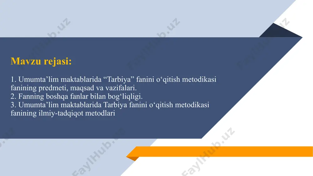 asoslarini takomillashtirish, innovatsion usul va vositalarini yaratish, ushbu tizimni rivojlantirishning samarali mexanizmlarini ishlab chiqish 3 umumta’lim maktabi o‘quvchilarda ijtimoiy kompetensiyalarni rivojlantirish tuzilmasi, komponentlari hamda omillarini asoslash. o‘quvchi-yoshlarda ijtimoiy kompetensiyalarni shakllantirishning natijaviylikni ta’minlash uchun ularning boshlang‘ich tushunchalari, ijtimoiy kompetensiyalarning ahamiyati va zaruriyati haqidagi fikrlariga ilmiy yondashish 1 2 3 umumta’lim maktablarida tarbiya fani o‘qitish metodikasi fani dasturini ishlab chiqish 4 fanning maqsadi: fanning obyekti: . fanning predmeti: talabalarga umumta’lim maktablarida tarbiya fanini o‘qitishning shakllari va metodlariga qo‘yilayotgan zamonaviy talablar hamda fanini o‘qitish uslubiyotiga oid nazariy va amaliy ma’lumotlar berishdan iborat. umumta’lim maktablarida tarbiya fanini o‘qitish jarayoni. umumta’lim maktablarida tarbiya fanini o‘qitish mazmuni. o‘zbekiston respublikasi prezidentining 2019 yil 3 maydagi pq-4307-son “ma’naviy-ma’rifiy ishlar samaradorligini oshirish qo‘shimcha chora-tadbirlari to‘g‘risida”gi qaroriga muvofiq ishlab chiqilgan “uzluksiz ma’naviy tarbiya” konsepsiyasi 2017 yil 5 iyuldagi “yoshlarga oid davlat siyosati samaradorli-gini oshirish va o‘zbekiston yoshlar ittifoqi faoliyatini qo‘llab-quvvatlash to‘g‘risida” gi pf-5106-sonli farmoni mavzusiga doir qaror va farmonlar 6 …