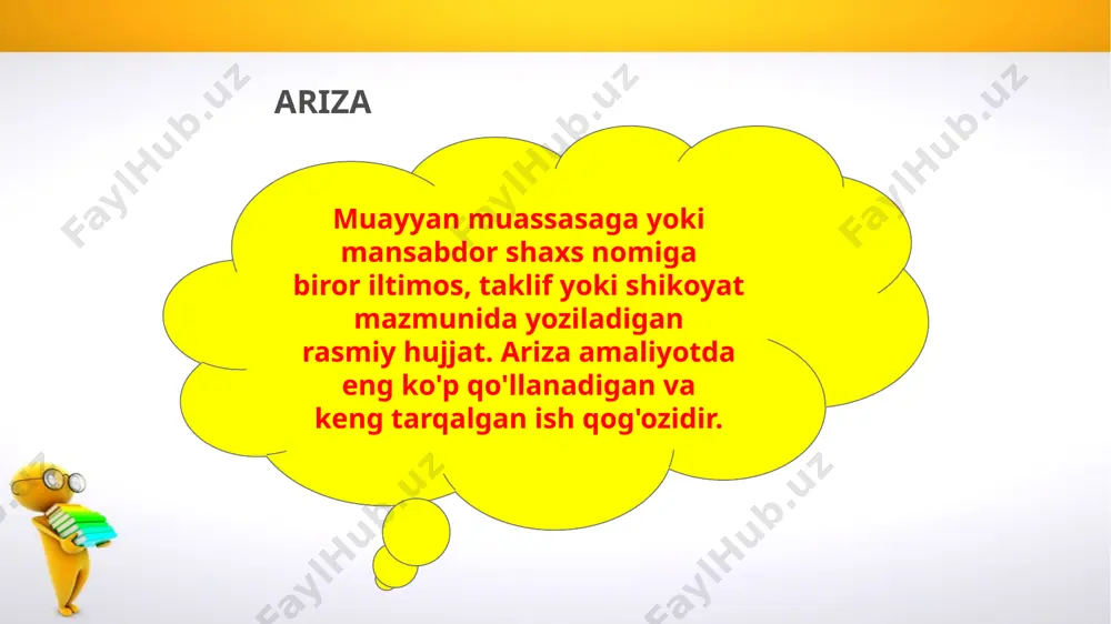 omalar voqea-hodisaning qatnashchilari yoki unga guvoh bo'lgan kishilarning tashabbusi bilan ham tuziladi. dalolatnomaning zaruriy qismlari: 1. idora, muassasa va tarkibiy bo'linma nomi. 2. tuzilgan sanasi va joyi. 3. tartib raqami va tasdiq belgisi (zarur hollarda). 4. matn sarlavhasi 5. hujjat turi nomi (dalolatnoma). 6. hujjatni tuzish uchun asos (muassasa rahbarining buyrug'i, idoraning qarori yoki ko'rsatmasi kabilar). 7. komissiya tarkibi (raisi va a'zolar). 8. ishtirok etuvchilar (guvohlar). 9. dalolatnoma matni. 10. ilovalar (har bir ilovaning necha betligi ko'rsatiladi). 11. tuzgan va ishtirok etganlarning imzolari. 12. ijro haqidagi belgi. image2.jpeg image3.png image4.jpeg image5.png image6.jpg image7.jpg image8.jpg image9.png image10.png image11.jpg image12.png image13.png image14.png image15.png image16.png image1.jpeg