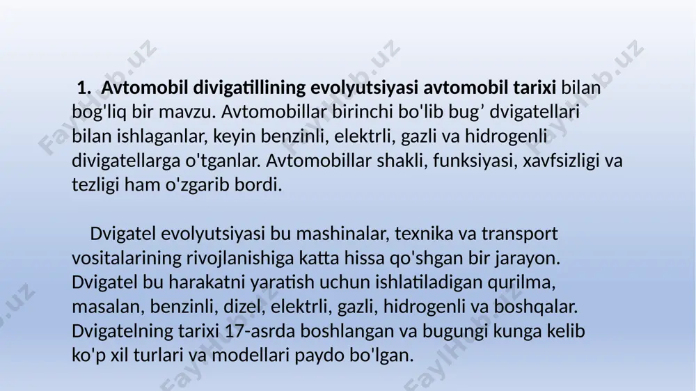 igateli 1860-yilda fransuz ixtirochisi e. lenoir tomonidan ixtiro qilingan. benzinli avtomobillarning birinchi namunasi 1885-yilda germaniyalik ixtirochilar karl benz va gottlieb daimler tomonidan yaratilgan. benzinli avtomobillar 1900-yillarda dunyoda eng keng tarqalgan transport vositalari boʻldi. benzinli avtomobillarga alternativ sifatida dizel dvigatelli avtomobillar ishlab chiqarildi. dizel dvigatelli avtomobillar dizel yonilgʻisi bilan ishlaydi. dizel yonilgʻisi – bu neft mahsulotlarining bir turi, benzin bilan taqqoslanda yanish tezligi pastroq, lekin yanish harorati yuqoriroq boʻladi. dizel dvigatelli avtomobillarning birinchi namunasi 1897-yilda germaniyalik muhandis rudolf diesel tomonidan yaratilgan. dizel dvigatelli avtomobillar benzinli avtomobillarga nisbatan yanada iqtisodiy va samarali boʻlib, ayniqsa yuk tashishda keng qoʻllanildi. zamonaviy avtomobillarda turli xil dvigatellar ishlatiladi. ular ichki yonuv, elektr, gaz-turbinali, rotorli-porshenli, gusenitsali va boshqa xillarga boʻlinadi. avtomobil dvigatelining evolyutsiyasi davom etmoqda. avtomobil sozlarida yangi texnologiyalar va materiallar kiritilmoqda, ekologik talablar va iqtisodiylik oshirilmoqda, avtomobilning quvvati va tezligi oshirilmoqda. avtomobil dvigatelining kelajagi elektr, gidrogen, solyarniy va boshqa yangi energiya manbalariga bogʻliq boʻlishi mumkin. 3. …