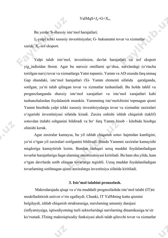 nazariy tamoyillarga qarab bir-biridan omillarning to‘plami bilan farqlanuvchi shaxsiy iste‘mol xarajatlari (shaxsiy iste‘mol) modeli yoki it modeli ishlab chiqiladi. misol sifatida aqshda ishlab chiqilgan makroiktisodiy chiziqli modelni qo‘rish mumkin: sq0,47+0,999s-1+0,17u-1-7,134rs, bu yerda: s-shaxsiy iste‘mol, mlrd. dollar (o‘zgarmas narxlarda); s-1-o‘tgan (bazis) yildagi shaxsiy iste‘mol; u-1-bazis yildagi md; rs-shaxsiy iste‘mol tovarlarining narxlar indeksi. aqshning deyarli barqaror yuqori rivojlangan tizimida mdning o‘sishi oddiy ekstrapolyatsiya usuli orqali md trendidan foydalanishi bilan aniqlanadi va u yetarlicha mavjud omil bo‘lib chiqadi. 4. milliy iqtisodiyotning tarmoq tuzilmasini prognozlash. resurslarni taqsimlashning strukturaviy xususiyatlari ehtiyojlarning tuzilmaviy xususiyatlari kabi ko‘p tarmoqli tuzilmalar orqali makroiqtisodiy ko‘rsatkichlar o‘zgarishida ifodalanadi. shunday qilib, milliy iqtisodiyot tuzilmasi pronozining roli aloxida natijalarni olish kabi umumiqtisodiy va tarmoq prognozlari orasidagi, shuningdek, resurslar va extiyojlar prognozining tarmoqdagi bo‘lagi bilan milliy iqtisodiyot rivojlanishi umumiy prognozi o‘rtasidagi o‘zaro aloqalarni ochib berishidan iborat. tuzilmaviy prognozlashda turli usullaridan foydalaniladi: kombinatsiyalashgan prognozlash, ekspert baxolash, ekonometrik modellar, ssenariy usuli, imm, shu jumladan, tabni ishlab …