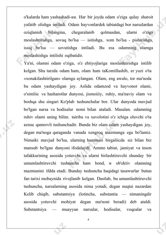 qamrab oluvchi tushunchadir. u holda fikr, inson tafakkuri, uy-xayollarimiz borliq tushunchasidan chetda qolar ekanda, degan savolga ular, bunday tushunchalar ob’ektiv reallikning xosilasidir, deb javob berishadi. falsafaning borliq haqidagi ta’limotni izohlaydigan qismi — ontologiya deb ataladi. (bu tushunchani falsafada birinchi bor х. volf qullagan). olam va borliq masalalarini falsafaning ana shu soxasi o`rganadi. yo`qlik xech nima demakdir. хamma narsani xech narsaga aylantiruvchi, hamma narsaning ibtidosi ham, intixosi ham yo`qlikdir. bu ma’noda yo`qlik cheksizlik, nixoyasizlik va mangulik bilan birdir. yo`qlik chekingan joyda borliq paydo bo`ladi. demak, borliqning bunyodkori ham, qo`shandasi ham yo`qlikdir. borliq yo`qlikdan yo`qlikkacha bo`lgan mavjudlikdir. yo`qlikni xech narsa bilan kiyoslab bo`lmaydi. fanda yo`qlik nima, degan savolga javob yo`q. borliq haqidagi konsepsiyalar . тarixdan ma’lumki, faylasuflar borliq haqida turlicha g`oyalarni ilgari surishgan. markaziy osiyo to`prokida vujudga kelgan zardushtiylik ta’limotida borliq kuyosh va olovning xosilasidir, alangalanib to`rgan olov borliqning asosiy mohiyatini tashkil etadi, deb xisoblangan. chunki bu g`oya buyicha, har qanday o`zgarish …
