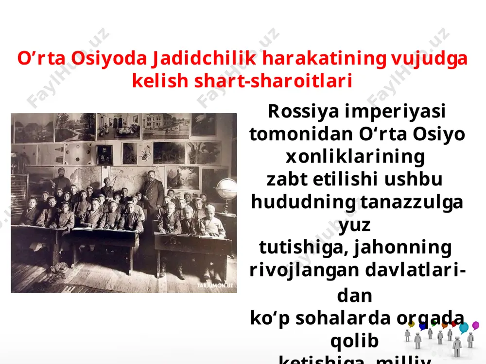 ab, jahon taraqqiyoti bilan yaqindan tanishgan, bir nechta xorijiy tillarni, turli xalqlarning madaniyatini o‘rgangan edi. o‘zi egallagan bilimlar asosida sharq va g‘arb dunyosini taqqoslab, turkiy xalqlarning taraqqiyotga erishish yo‘llarini izlaydi. ismoil g‘aspirali 1884-yilda qrimdagi boqchasaroyda birinchi jadid maktabiga asos soldi. u o‘zi tuzgan ta’lim dasturi asosida darslik tayyorladi. shu dastur bo‘yicha 40 kunda 12 ta o‘quvchining savodi chiqarildi. uning 1888-yilda «rahbari muallimin yoki muallimlarga yo‘ldosh» kitobi chop etildi. unda yangi usul maktablarining ta’lim tizimi, dars o‘tish va uning tashkil qilinishi, o‘quv xonalarining jihozlanishi, dars jadvali, ta’tillar, imtihonlar bayon etilgan. «jadid» so‘zi arab tilidan olingan bo‘ lib, «yangi» degan ma’noni anglatadi. jadidlar rossiya imperiyasi mustamlakasi bo‘lgan xalqlarni, eng avvalo, maorif tizimini yaxshilash, ta’lim sohasini isloh qilish, yoshlarga diniy bilimlar bilan birga dunyoviy fanlarni ham o‘qitish zarur deb bildilar. jadid maktabi hovlisi taraqqiyparvarlik harakatining o’rta osiyoga yoyilishi jadidchilik g’oyalarining keng yoyilishida “tarjimon” gazetasi muhim o’rin tutudi. ismoil g’aspiralining 1893 yilda toshkent, samarqand …
