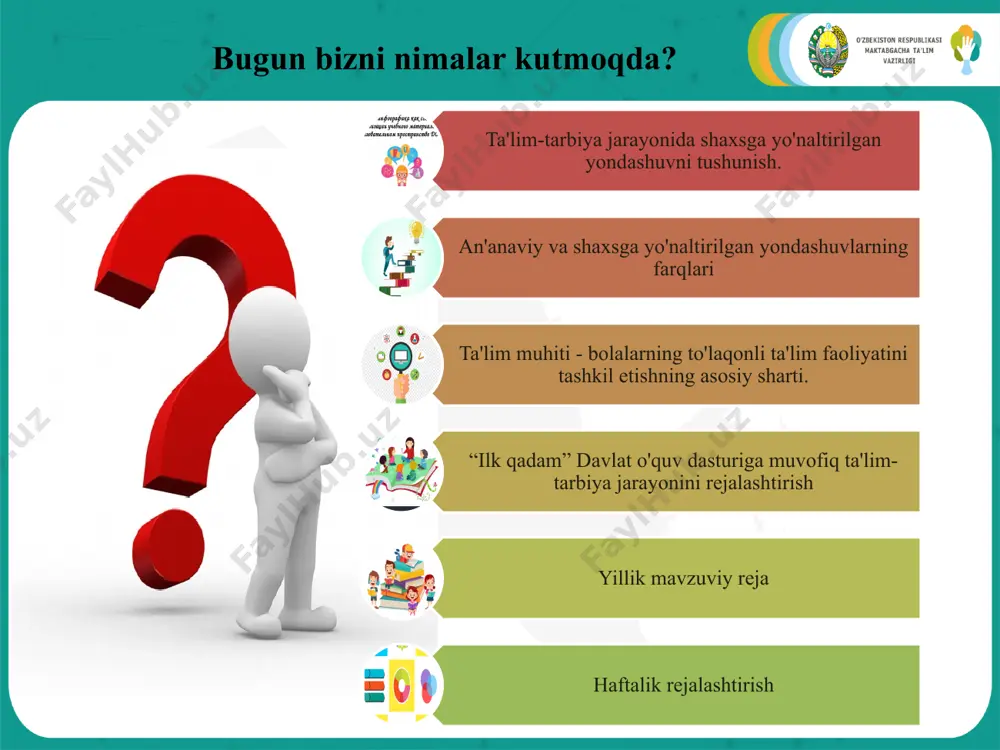 asosiy qism yakun (ochiq tugatish yoki keyingi faoliyat uchun motivatsiya) tashkiliy ta'limiy (frontal) faoliyati kompleks integratsiya loyiha asosiy qism yakuniy qism мutaxassislar fikri 2-topshiriq 3.6.2-bo’lim, 33bet 15 sayr mustaqil faoliyati мutaxassislar fikri 3-topshiriq 3.6.3-bo’lim, 43 bet 16 kuzatish mehnat faoliyati harakatli o'yinlar kunning ikkinchi yarmi мutaxassislar fikri 4-topshiriq 3.6.4-bo’lim, 45 bet 17 o'yin-kulgi, bayram tadbirlari o'yin faoliyati o'yinlarning barcha turlari mehnat faoliyatning barcha turlari bo'yicha yakka ishlash mustaqil ijodiy faoliyati badiy adabiyot ota-onalar bilan suhbat bolalar bilan yakka ishlash kun davomoda amalga oshiriladi мutaxassislar fikri 5 topshiriq 3.8. -bo’lim, 47 bet 18 kun davomida amalga oshiriladi kunning ikkinchi yarimida sayr vaqtida individual yakka tartibda ishlash (doimo) ushbu qo'llanma pedagoglarga quyidagi savollarga javob topishga imkon beradi hulosa ta'lim-tarbiya jarayonida shaxsga yo'naltirilgan yondashuvni tushunish ta'lim muhitini tashkil etish bolalarni ta'lim va tarbiya jarayonini rejalashtirish “ertalabki davr”ni tashkil etish va rejalashtirish maktabgacha yoshdagi bolalar bilan ta'limiy o'yin faoliyatini tashkil etish va rejalashtirish sayrni …